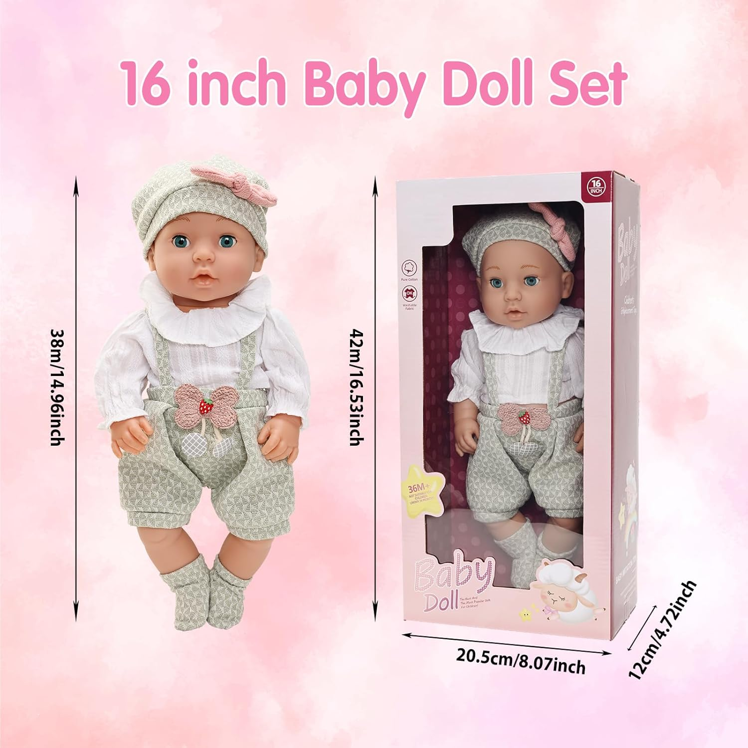 16 Inch Baby Doll with Outfit Feeding Set Realistic Lifelike Born Baby Doll Cute Baby Doll Soft Body Silicone Rebirth Baby Doll with Clothes Feeding Set Bottle Doll Pacifier Accessories for Toddlers image number 3