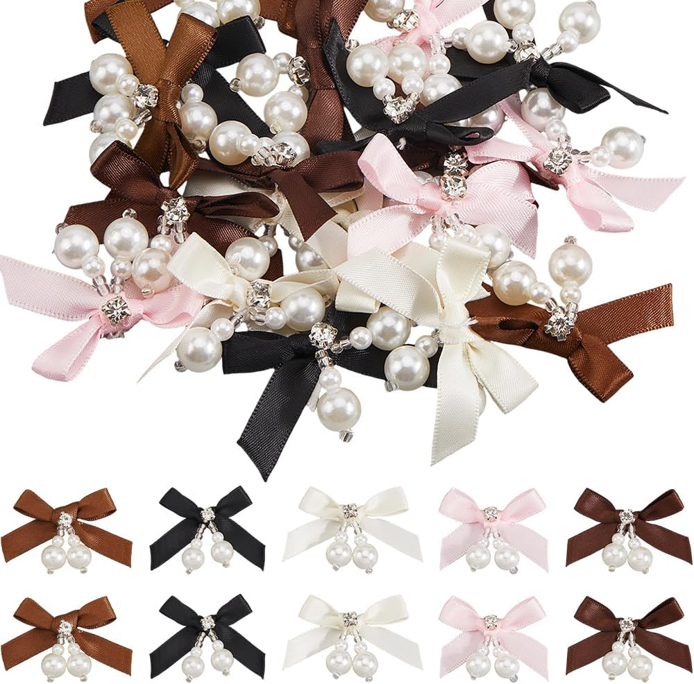 SOFPLATE 5 Color 20Pcs Twist Tie Bows Bulk Tiny Ribbon Bows with Pearls Small Coquette White Pink Brown Black Sweet Cute Satin Pastel Bows for Hair Clip DIY Crafts Sewing Gift Wrapping Valentine Day