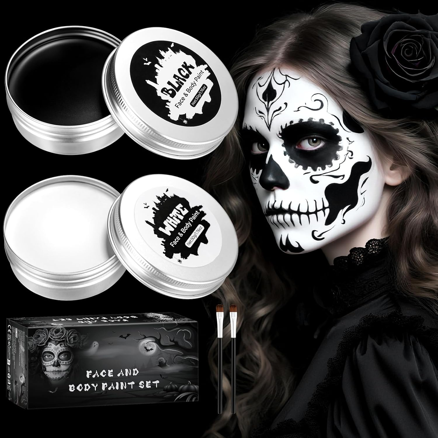 100 G Halloween Make-Up Set, Black and White Set, Halloween Make-Up, Adult Children, Body Painting Colours, Fancy Dress, for Zombie Vampire SFX Makeup Theatre Stage Film