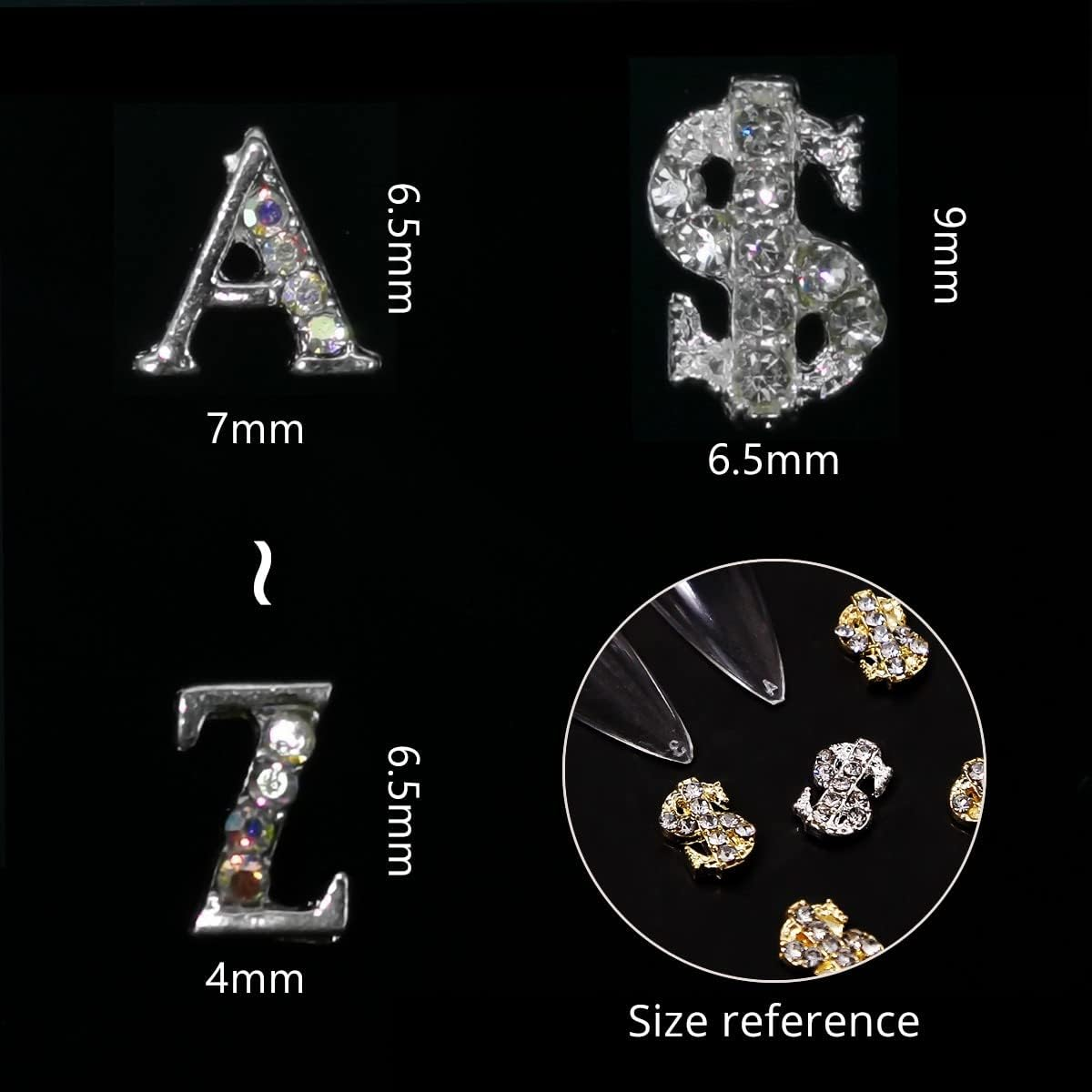 52Pcs Silver Letters Nail Stud Alloy Rhinestone +5Pcs 3D Dollar Sign Capital Letters Nail Studs Money Nail Art Alphabet Nail Charms Art for Acrylic Nails Bling Jewels Making Crafts DIY Manicure