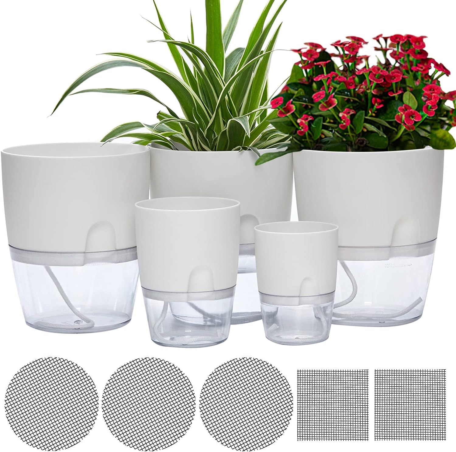 Self Watering Planter for Indoor Plants, 2 Pack &Oslash;23.5Cm Flower Pot Modern Decorative Plastic Planter with Extra Large Water Storage for All House Plants, Flowers, Herbs