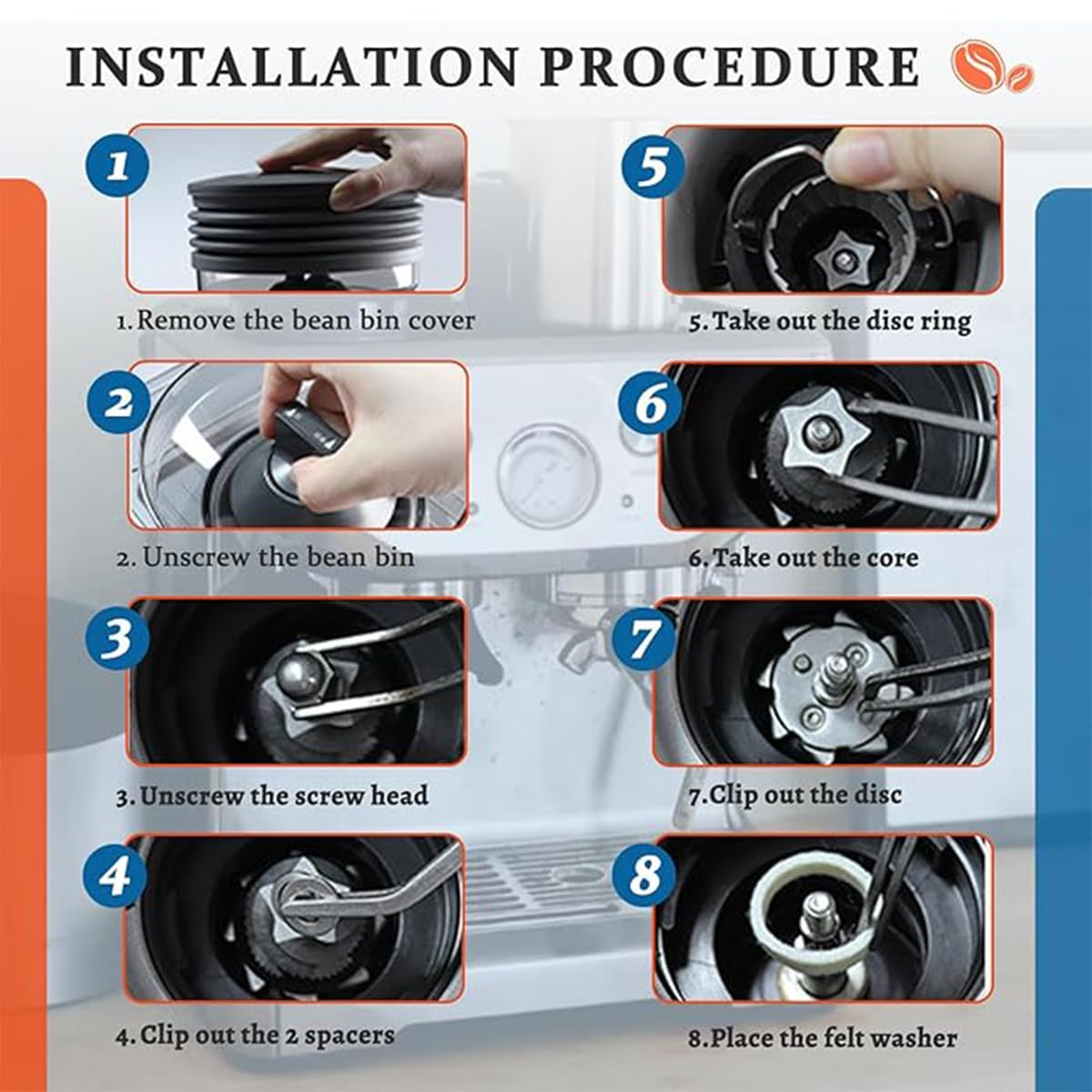 Felt Washer Lower Burr for Bre-Ville Espresso Machine Grinders BES870XL, Sp0001575,Replacement Accessories for Bre-Ville Barista Express 870/876/878/880/980,Coffee Machine Cleaning Wool Felt Gasket image number 5