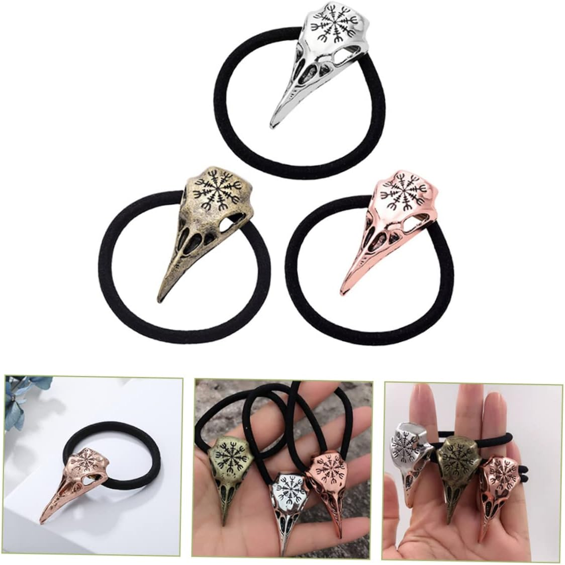 Mikikit Viking Hair Bands with Skull Design, Elastic Hair Bobbles for Halloween and Costume Parties, Antique Bronze and Reddish Brown Looks, Pack of 3