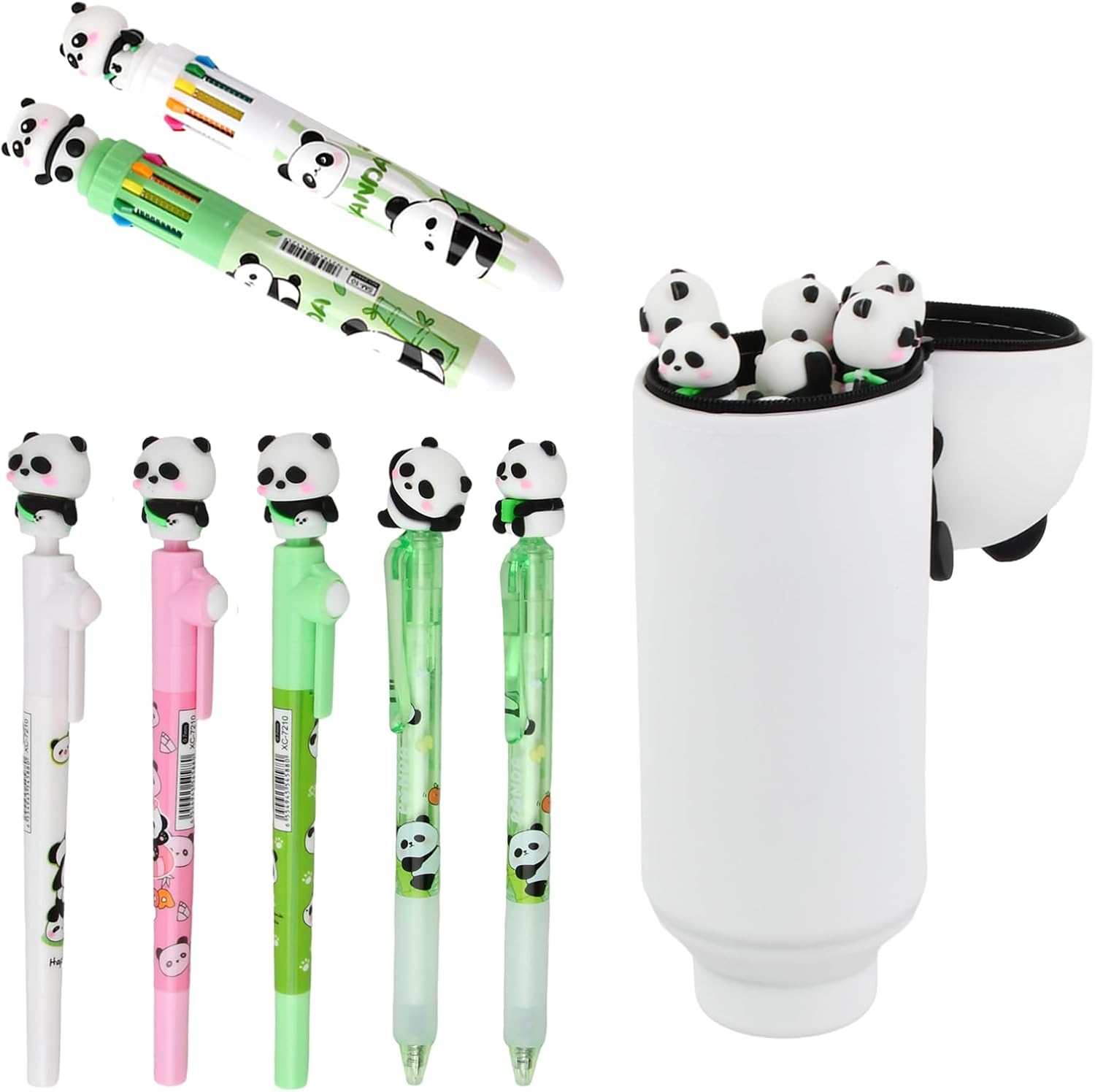 Panda Stationery Set with Pencil Case, 3 Gel Pens with Black Ink, 2 Ballpoint Pens in 10 Colours, 2 Blue Erasable Gel Pens, 2-In-1 Cute Pencil Case, Stand up Pencil Case image number 3