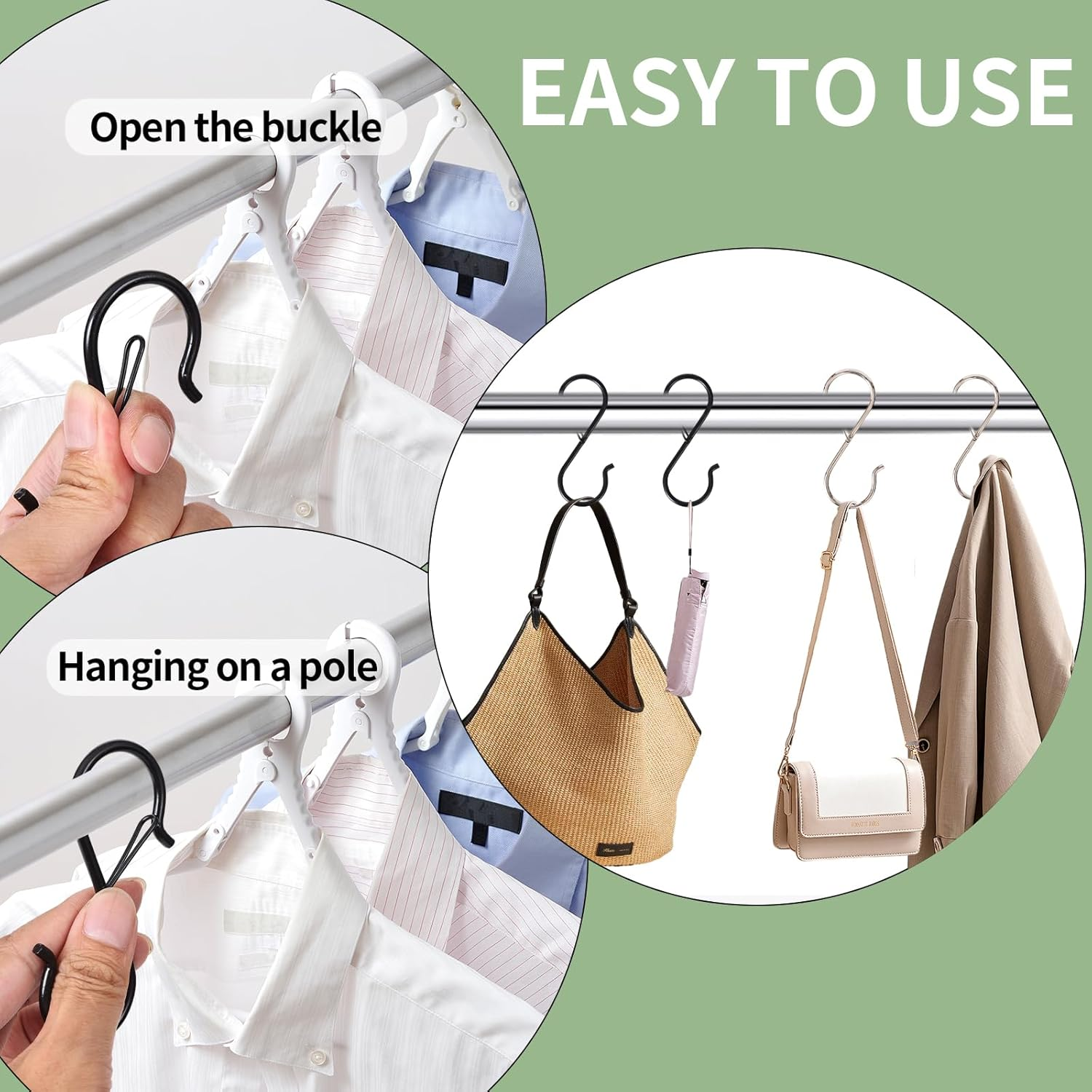 Mythosurge 10 Pack S Shaped Hooks,3.5 Inch Stainless Steel Heavy Duty S Hooks with Safety Buckle for Kitchen Utensil,Pans,Closet Rod,Bags,Purse,Clothes,Hooks for Hanging Pots (Black)