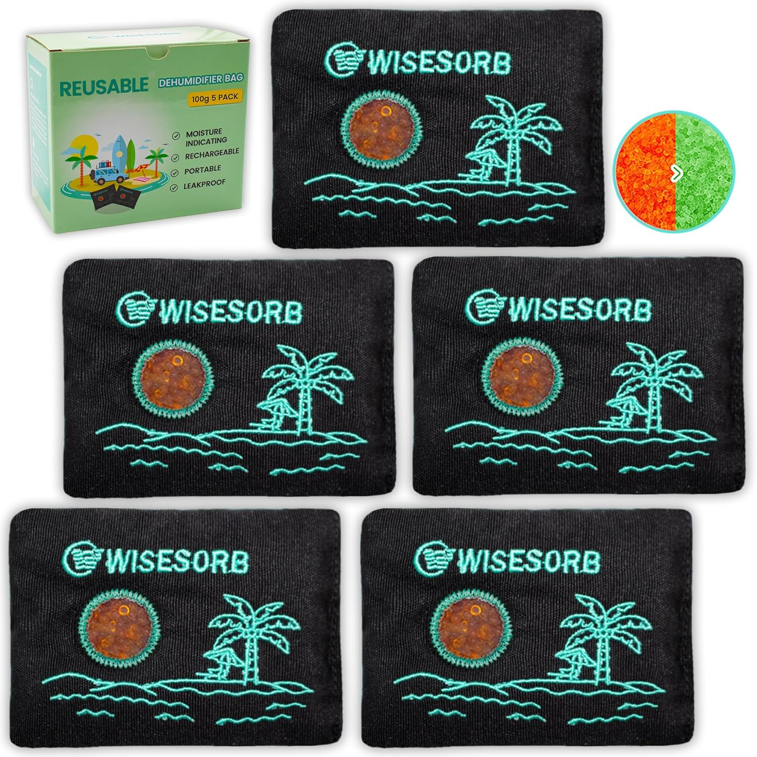 Wisesorb 100G X 5Pcs Rechargeable Desiccant Packs for Storage, Color Indicating Silica Gel Packets Moisture Absorbers with Transparent Window, Reusable Dehumidifier Bags for Gun Safe Closet Basement image number 2