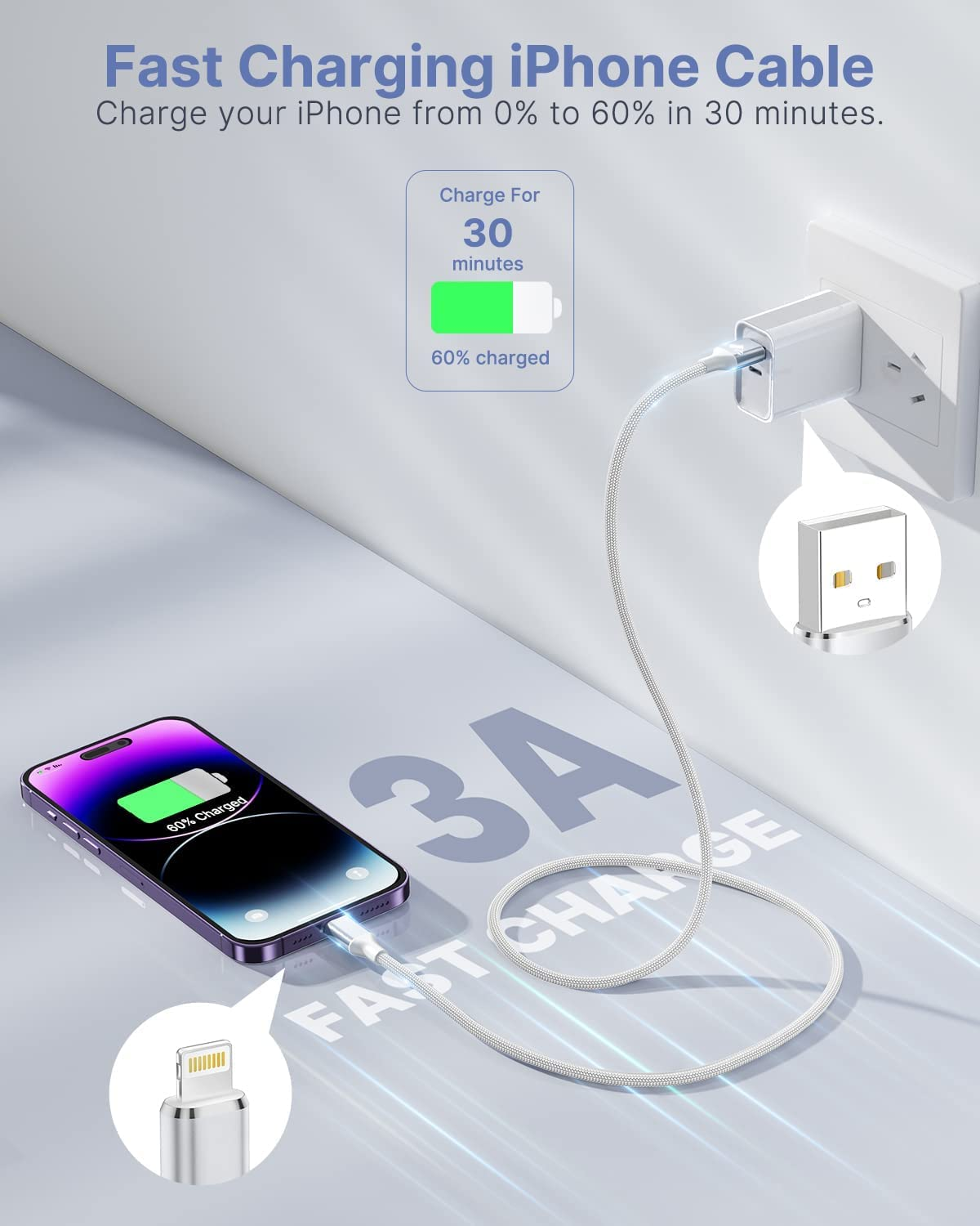 Aioneus Lightning Cable 1M, Iphone Charging Cable Mfi Certified USB a to Lightning Iphone Fast Charger Cord Compatible with Iphone 14 13 12 11 Pro Max Mini XS XR X 8 7 plus Ipad image number 6