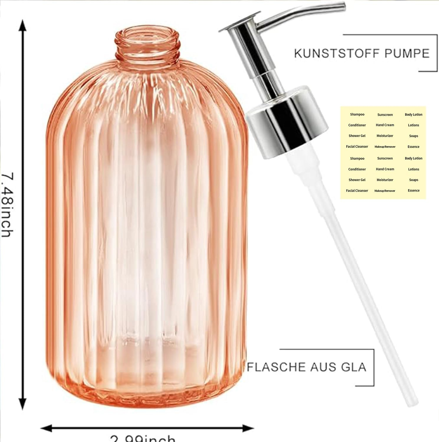 Clear Glass Soap Dispenser (2 Pack 400ML) Refillable Hand Soap Dispenser Vertical - Stripe Bathroom & Kitchen Dispensing Containers (Yellow) image number 2