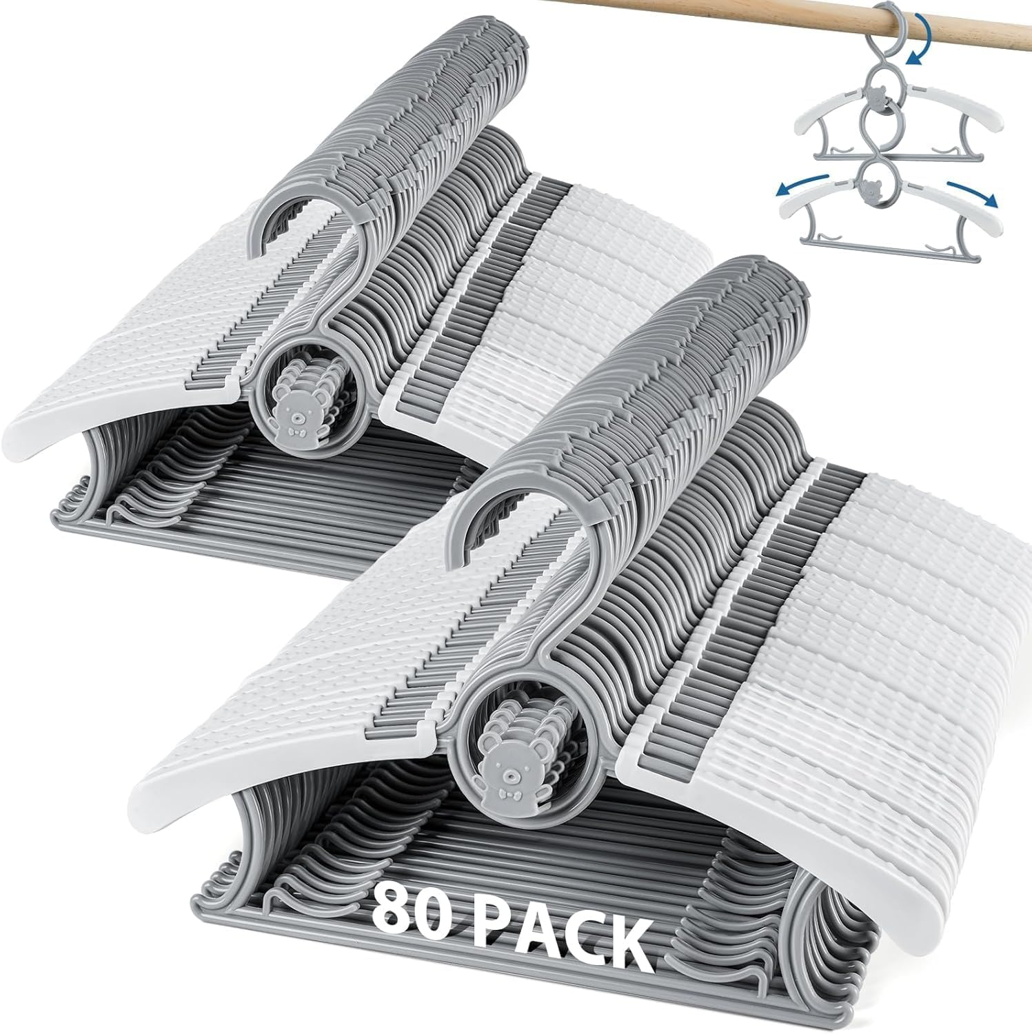 Kids Hangers 80 Pack Baby Hangers, Extendable & Adjustable Kid Hangers， Non-Slip Plastic Baby Clothes Hangers for Kids Infant Child - Stackable Hangers for Baby Clothes Grey Toddler Hangers (80 Pack) image number 3