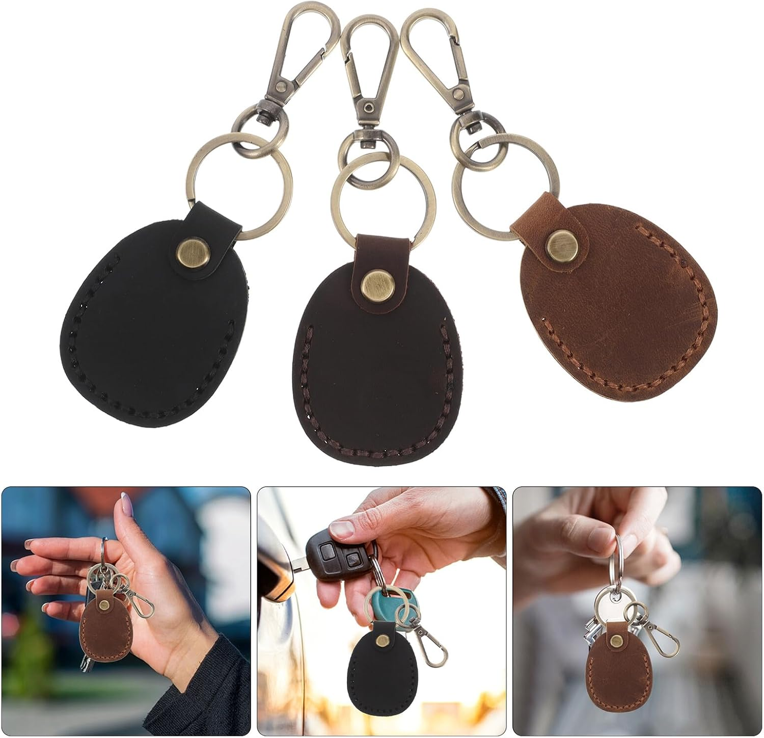 SOESFOUFU Vintage Genuine Leather Access Card Holder Keychain Set 3Pcs Handmade RFID Mini Card Case Protector for Women Wallet Charm Organizer