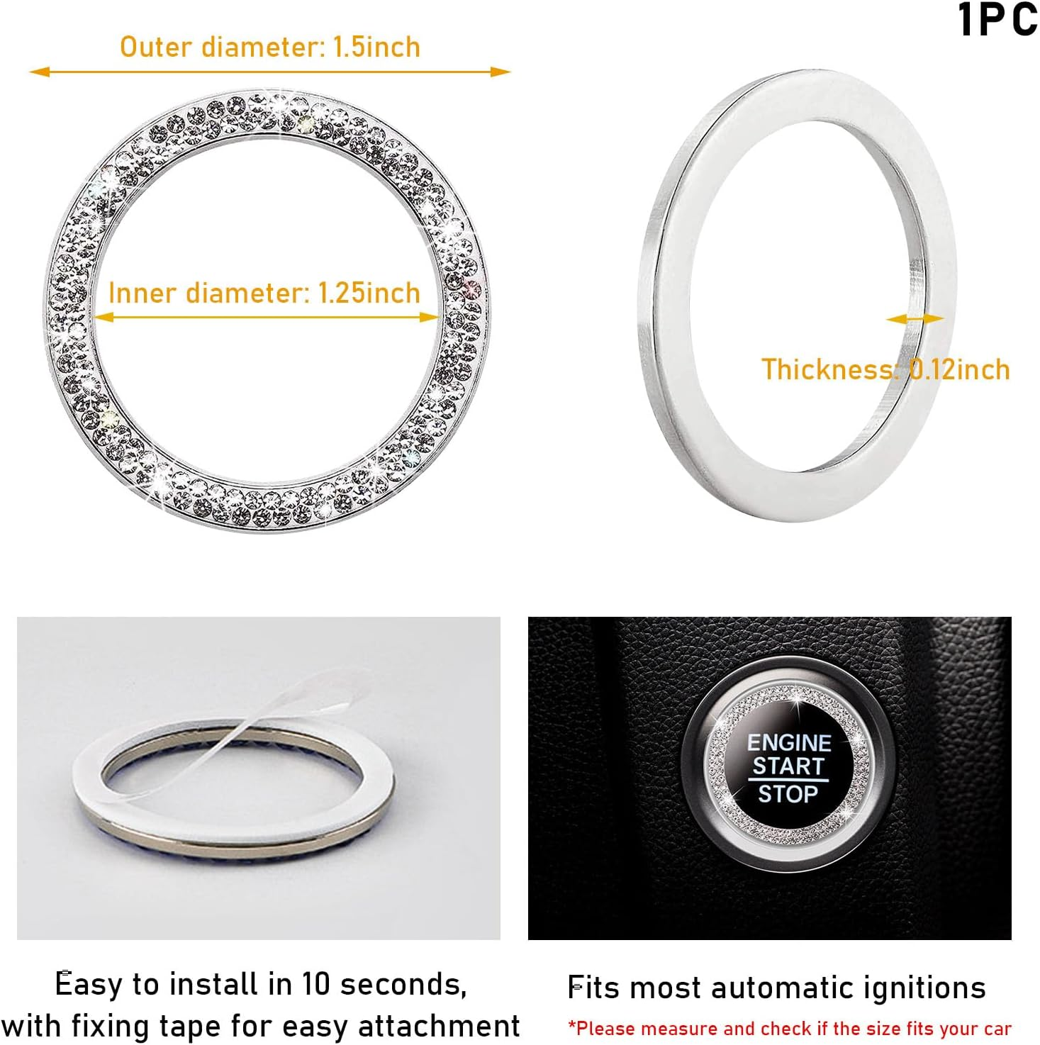 Kewucn Bling Crystal Double Rhinestone Car Engine Start Decoration Ring, Sparkling Push Start Button Sticker, Key Ignition & Knob Ring Decoration, Bling Car Interior Accessory(White) image number 4