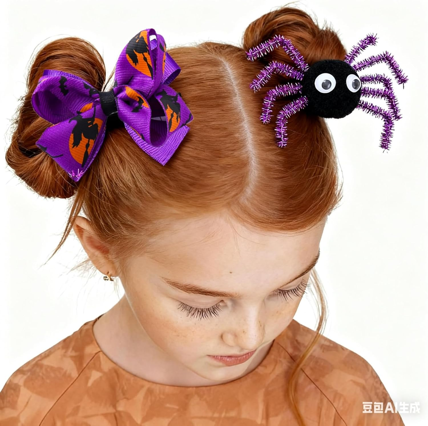 Kawlxpp Halloween Hair Accessories Set 5Pcs &ndash; Spider & Bow Clips, Silk Scrunchies, Elastic Ribbon Hair Ties for Girls & Women Halloween Costume (Pumpkin Spice) - Purple Haze image number 5