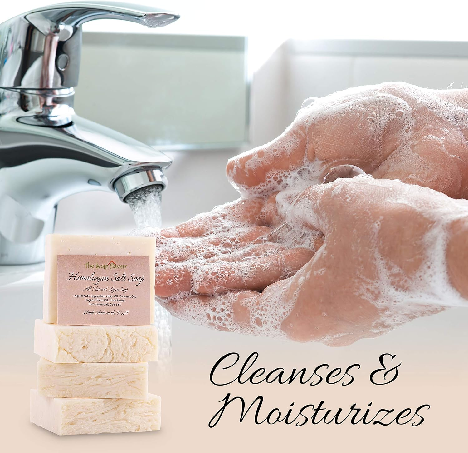 HIMALAYAN SALT SOAP BARS with Sea Salt & Shea Butter (4 Bars, 4.5Oz Each) - Handmade in USA with ALL NATURAL, NON-GMO, Unscented Ingredients. image number 6