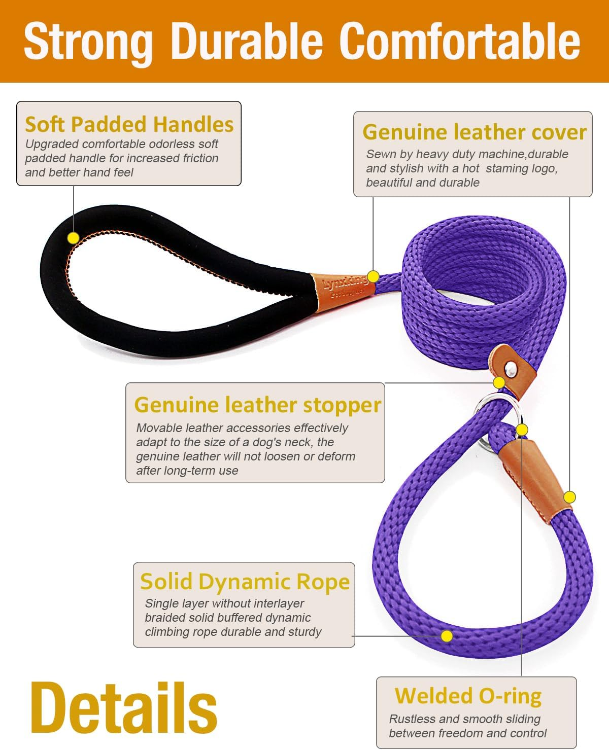 Lynxking Dog Leash Rope Strong Heavy Duty Braided Rope Slip Leads No Pull Training Lead Leashes Medium Large Dogs (5', Purple)