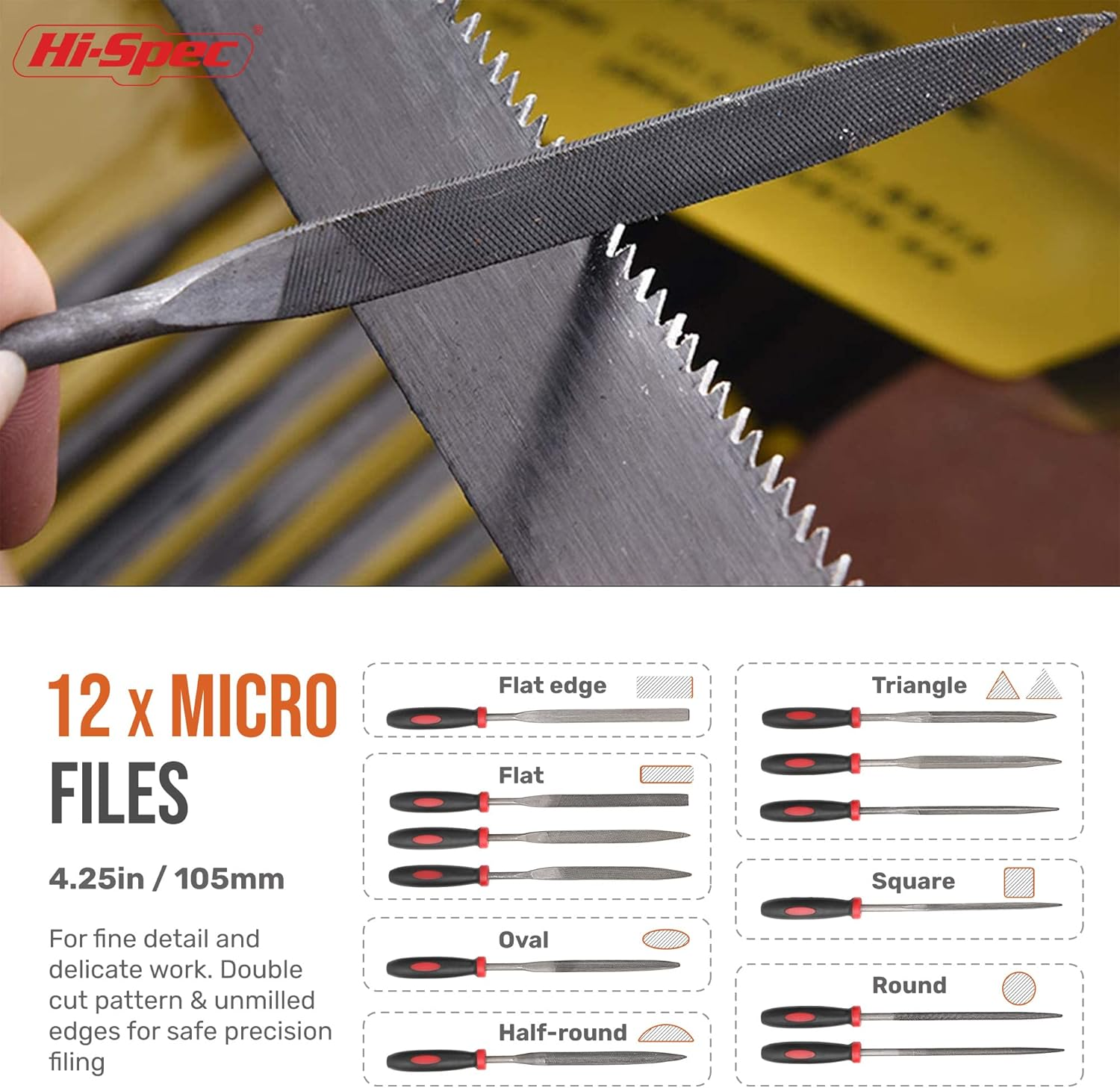 Hi-Spec 17 Piece Metal Hand & Needle File Tool Kit Set. Large & Small Mini T12 Carbon Steel Flat, Half-Round, round & Triangle Files. Complete in a Zipper Case with a Brush image number 1