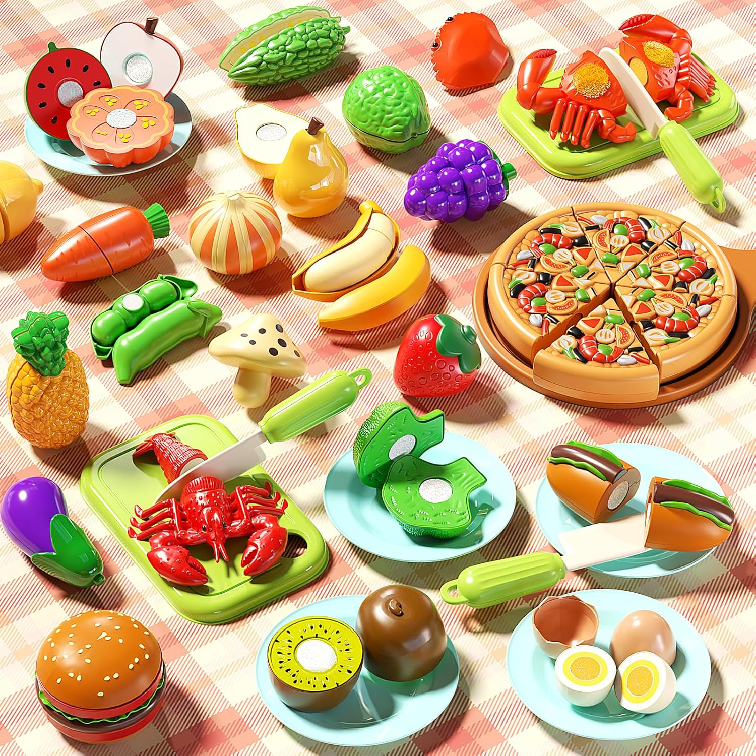 Cutting Play Food for Kids,105Pcs Pretend Play Kitchen Toys,Fake Food/Fruits/Vegetables Set,Play Kitchen Accessories with 2 Blaskets for Kids Boys Girls 3 4 5 6
