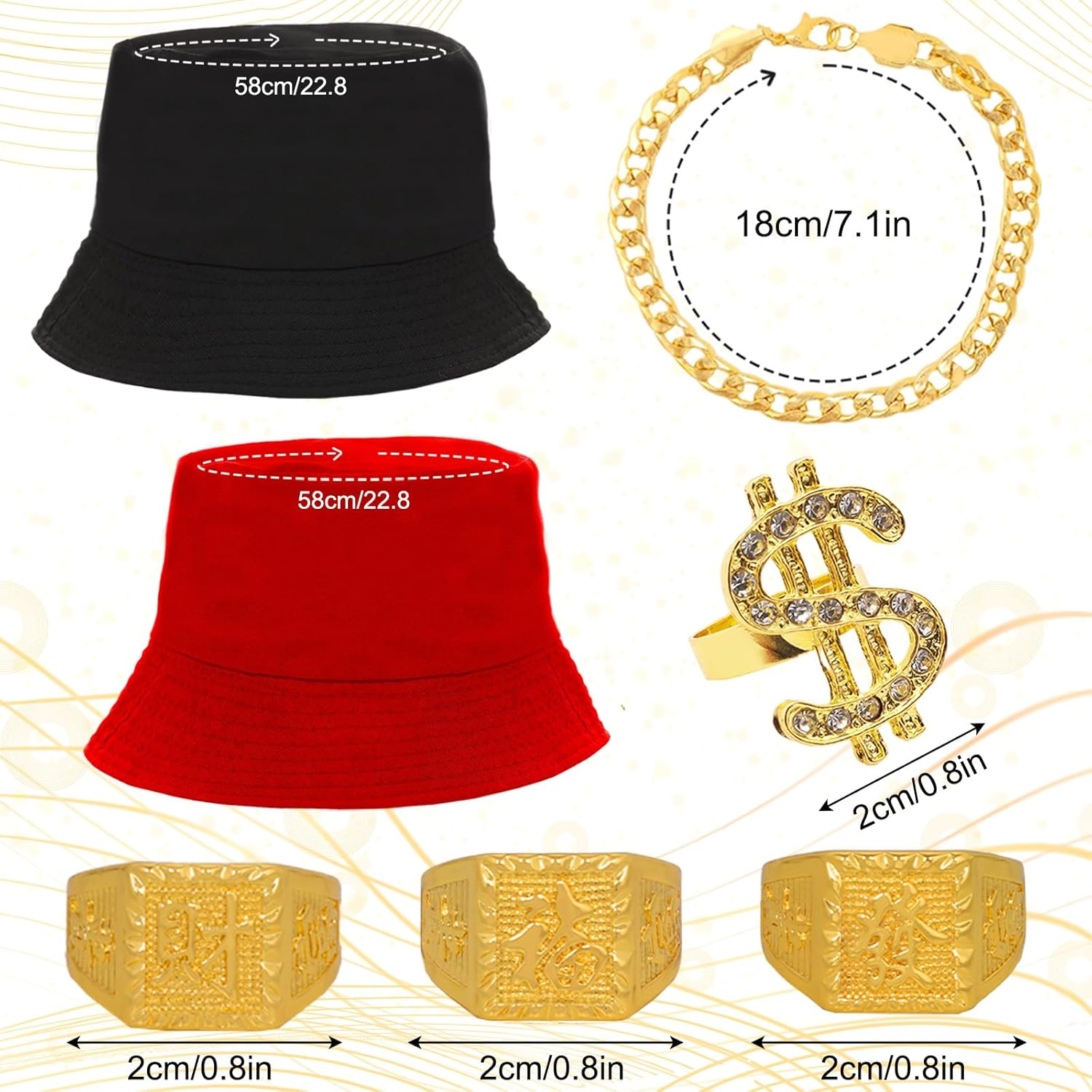 80S 90S Accessories Hip Hop Costume Outfit Kit Sunglass Hat Gold Chain Money Sign Necklace Ring Rapper Accessory image number 3