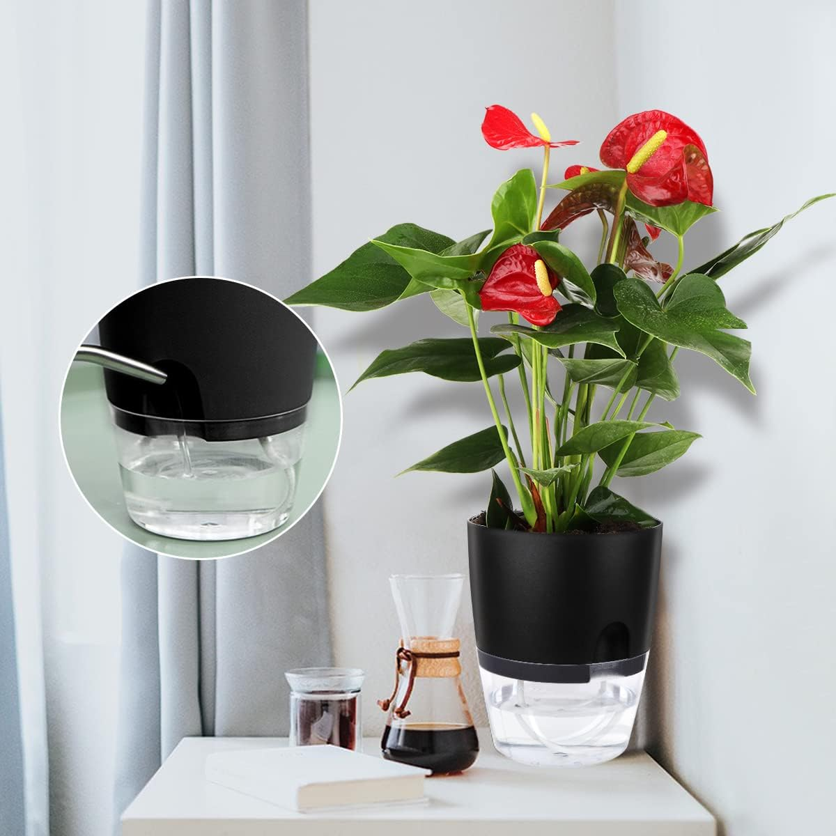 Vanavazon 6 Inch Self Watering Planter Pots for Indoor Plants, 3 Pack African Violet Pots with Wick Rope-Black - Grey image number 2