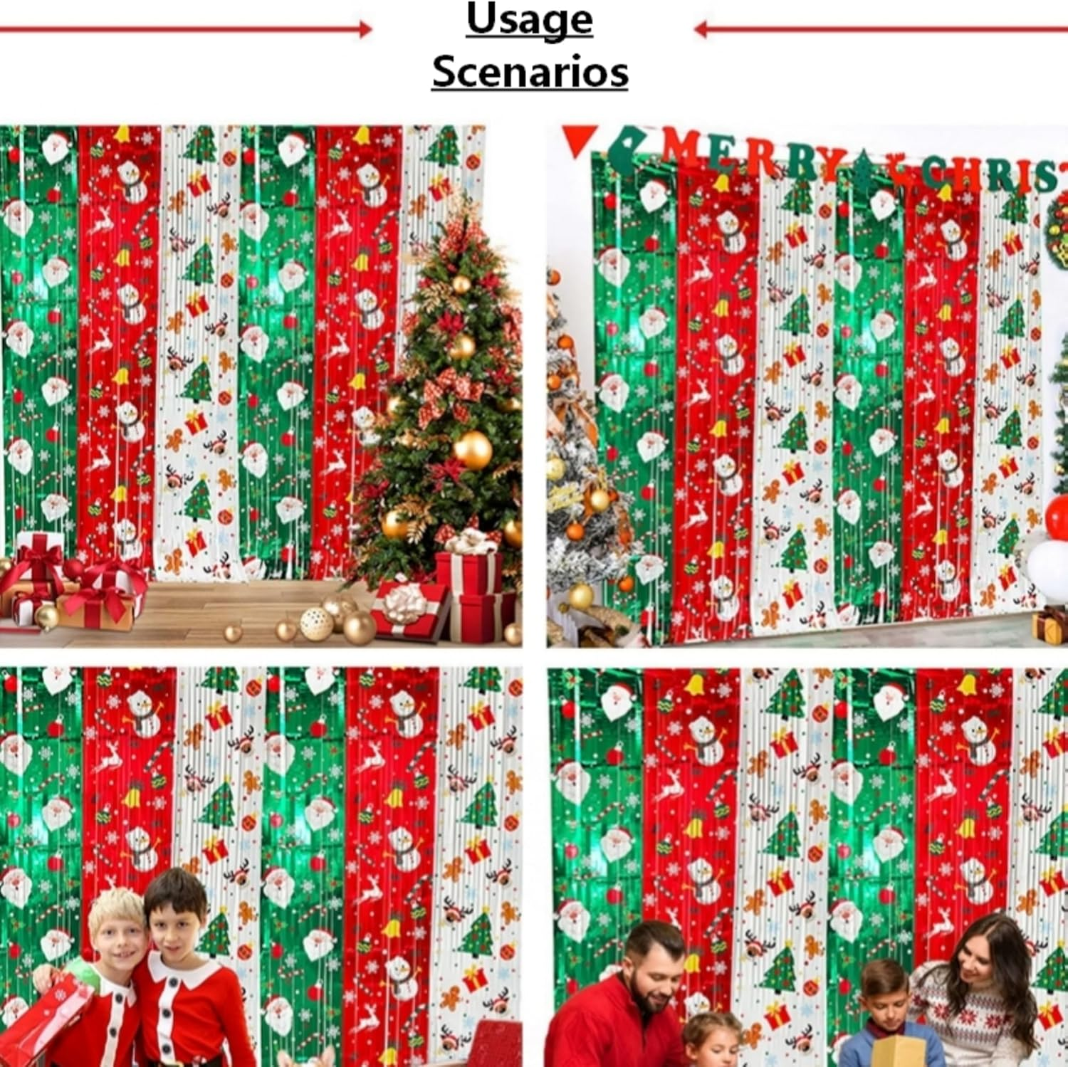 Christmas Foil Fringe Curtains - Santa Snowman Tree Design 100X200Cm Red White Green Tinsel Backdrop for Xmas in July, Aussie Christmas Parties, Photo Booth Decorations（3 Pack ） image number 4