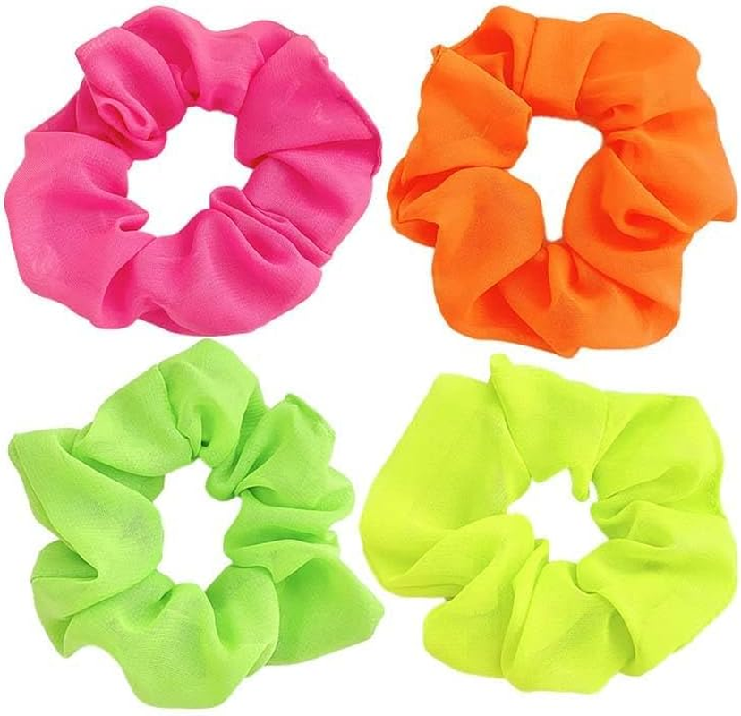 6Pcs Neon Scrunchies for Hair - 80S Retro-Inspired Chiffon & Elastic Ponytail Holders, Hair Ties for Women/Girls - Vibrant Holiday, Halloween & Party Accessories