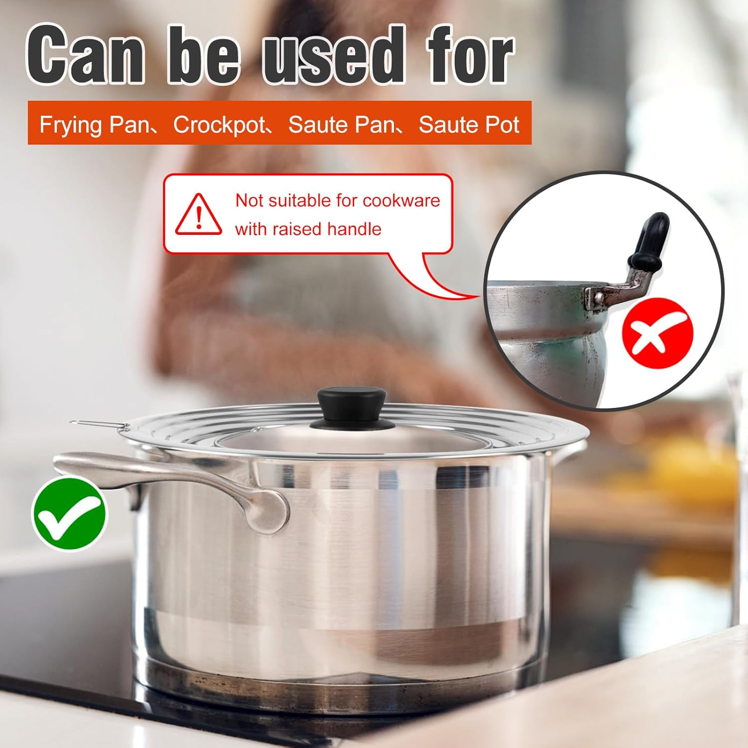 Komokeru Universal Lid for Pots and Pans Skillets, Stainless Steel Pan Cover Fit Fits 6-7-8 Inch Cookware, Large Replacement Frying Pan Cover, Cast Iron Skillet Pot Lids with Heat Resistant Knob image number 4