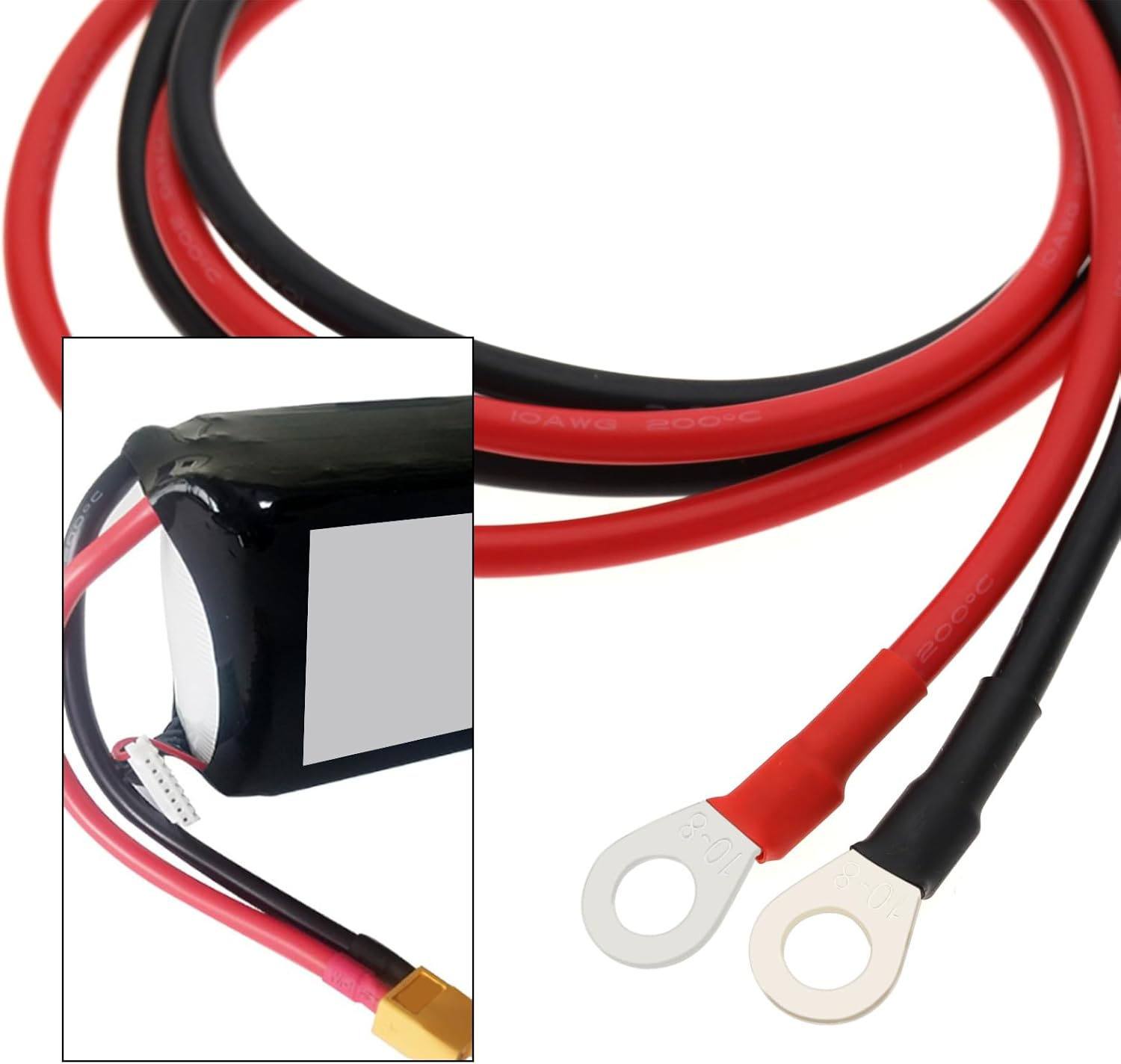 Emsea XT90 to O-Ring Connector Cable 10AWG Silicone Terminals Extension Power Cable for RC FPV Racing Drones (XT90 Male to O-Ring Terminals) image number 2