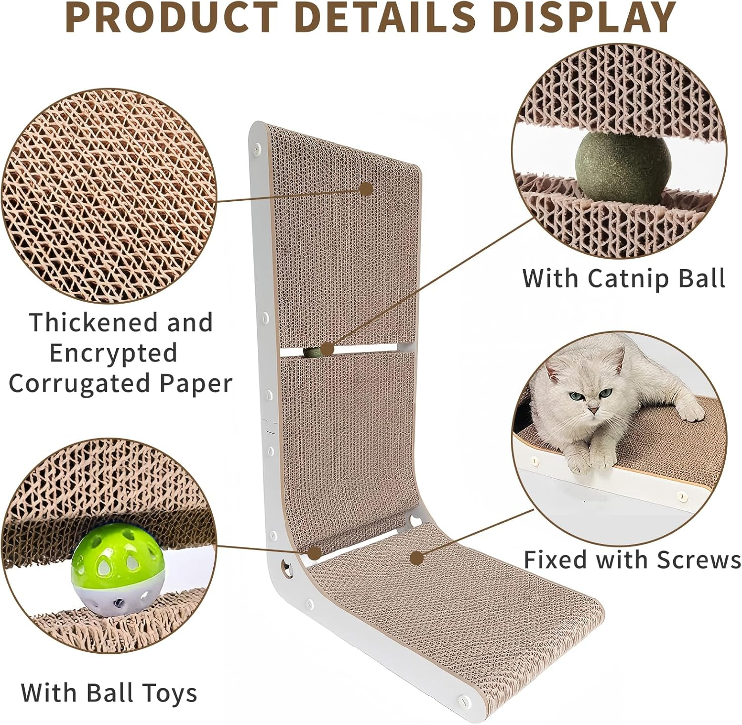 Cat Scratcher, Vertical Cat Scratching Board, 23.6 Inch/60 Cm L-Shape Cat Scratch Pads, Wall-Mount Cat Scratchers for Indoor Cats, with Built-In Catnip Toy Balls, Suitable for Large and Small Cats image number 3