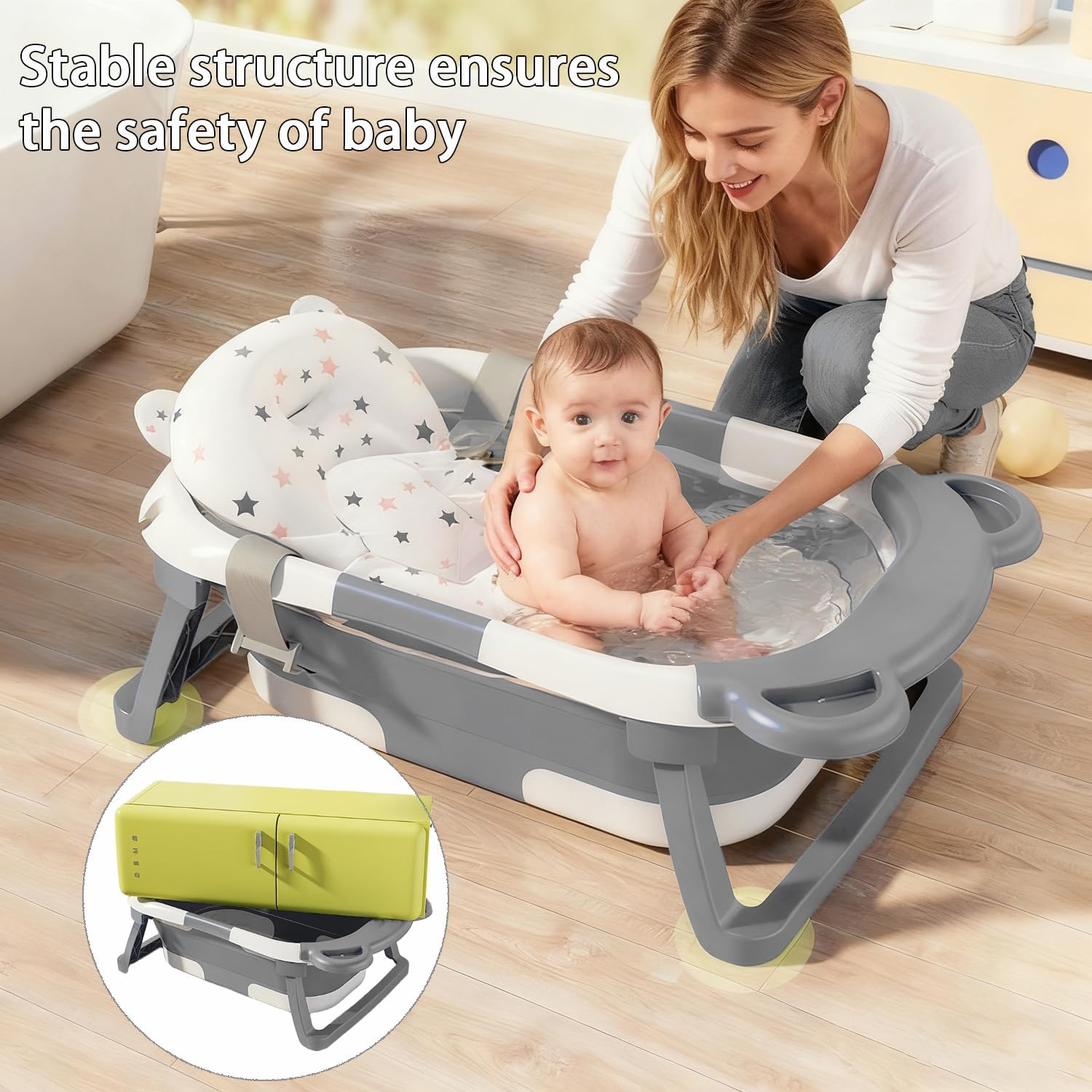 Collapsible Baby Bathtub for Infants to Toddler with Floating Cushion,Foldable Baby Bath Tub Set Applicable 0-36 Month,Perfect Portable Travel Baby Tub for Newborns Boy (Grey) image number 4