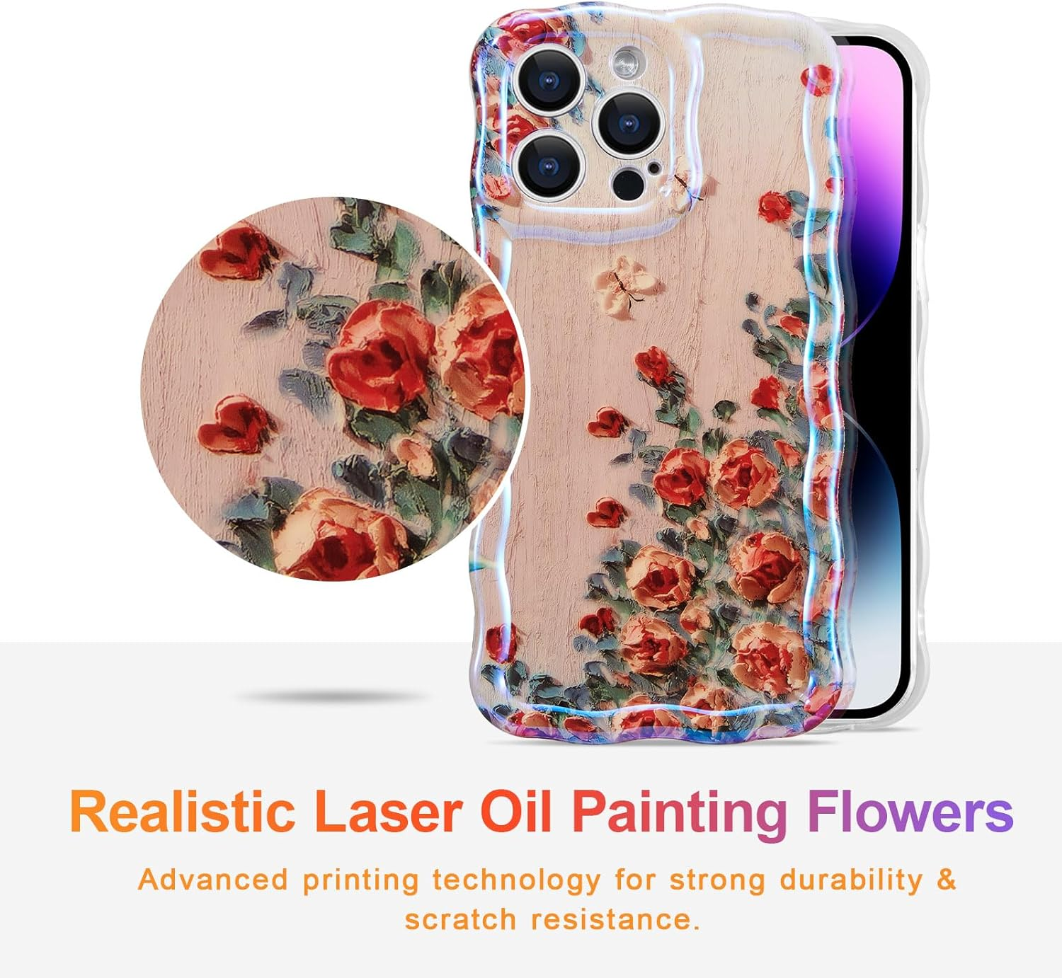EYZUTAK Case for Iphone 15 Pro, Colorful Retro Oil Painting Printed Flower Laser Glossy Pattern Cute Curly Waves Border Exquisite Phone Cover Stylish Durable TPU Protective Case for Girls Women -Beige image number 2