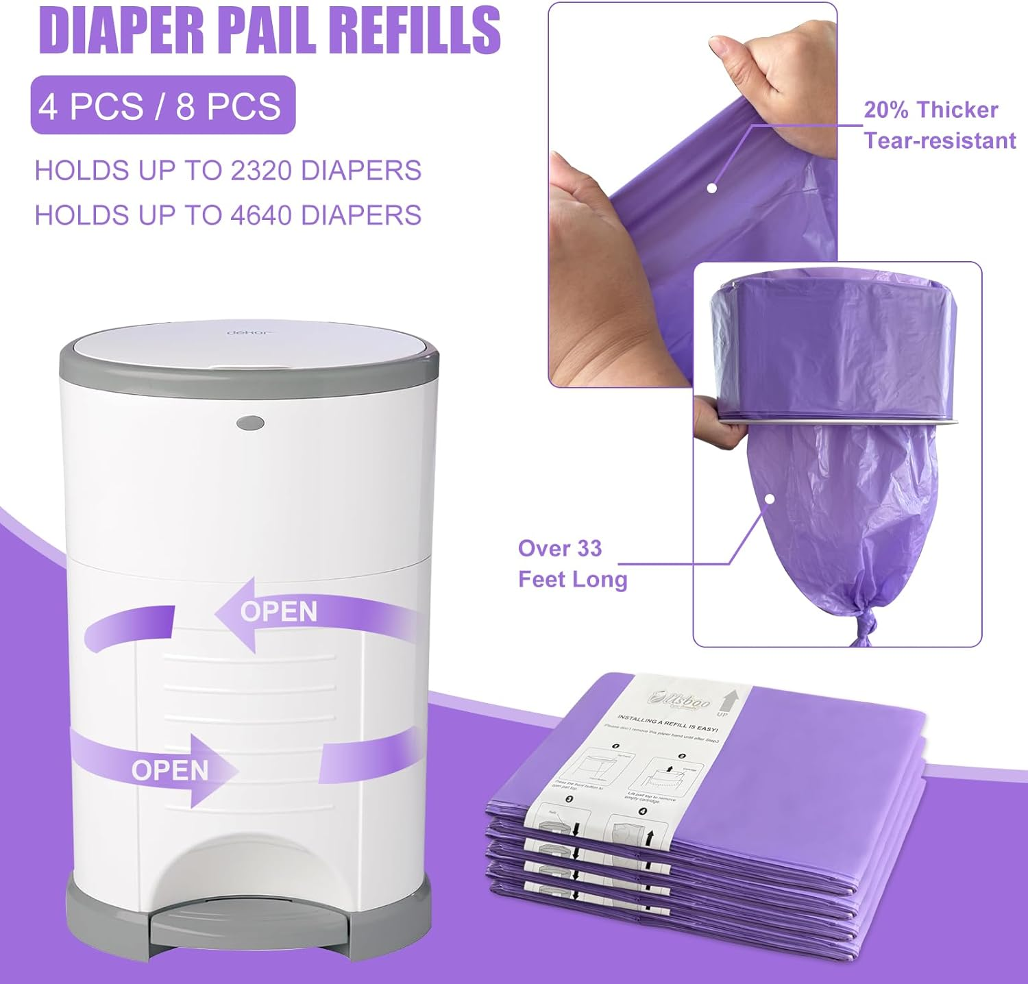 Refills Compatible with Dekor plus Diaper Pail,4 Pack Disposable Diaper Pail Refills, Easy to Replace and Dispose Diaper Trash Bags, Holds up to 2320 Diapers,Lavender Scent image number 2