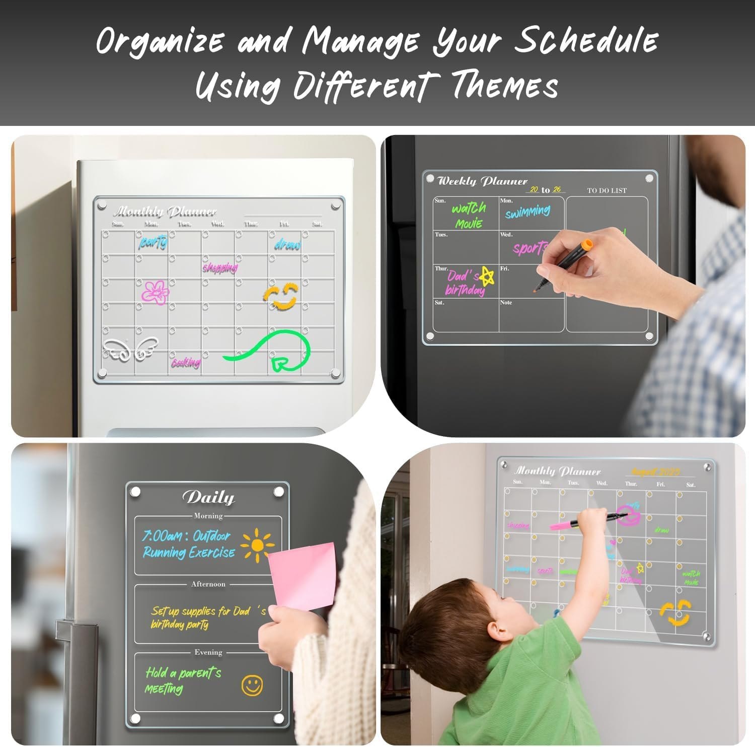 4Pcs Fridge Calendars Planning Pads, Acrylic Magnetic Fridge Calendar, Clear Fridge Monthly Weekly Planner, for Events/Business Meetings/Shopping Lists with 6 Color Markers & Wipes - 40 X 30 Cm and 30 X 20 Cm image number 5