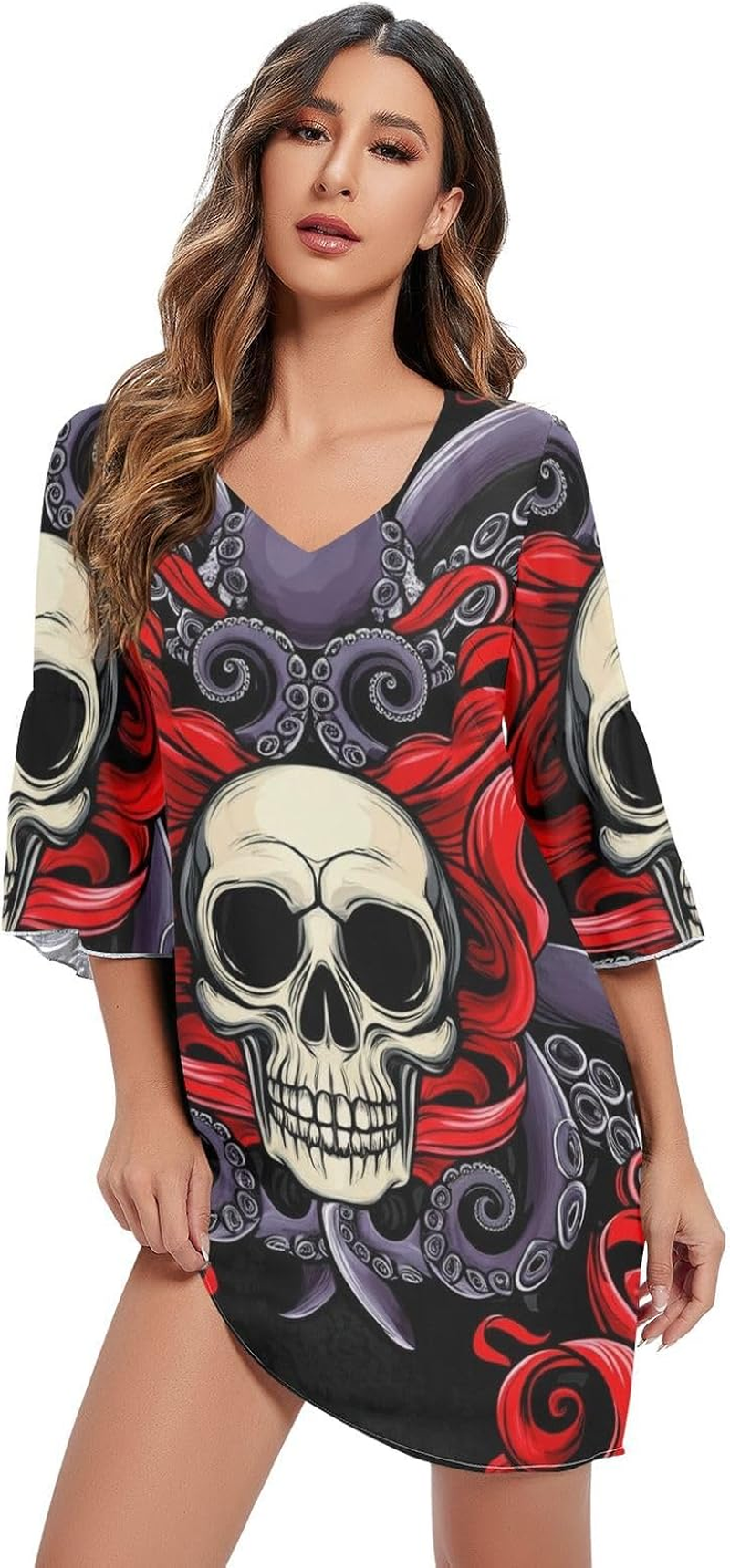 Funny Skull Red Purple Western a Line Dress Printed Line Maternity Dress S-XXL image number 1