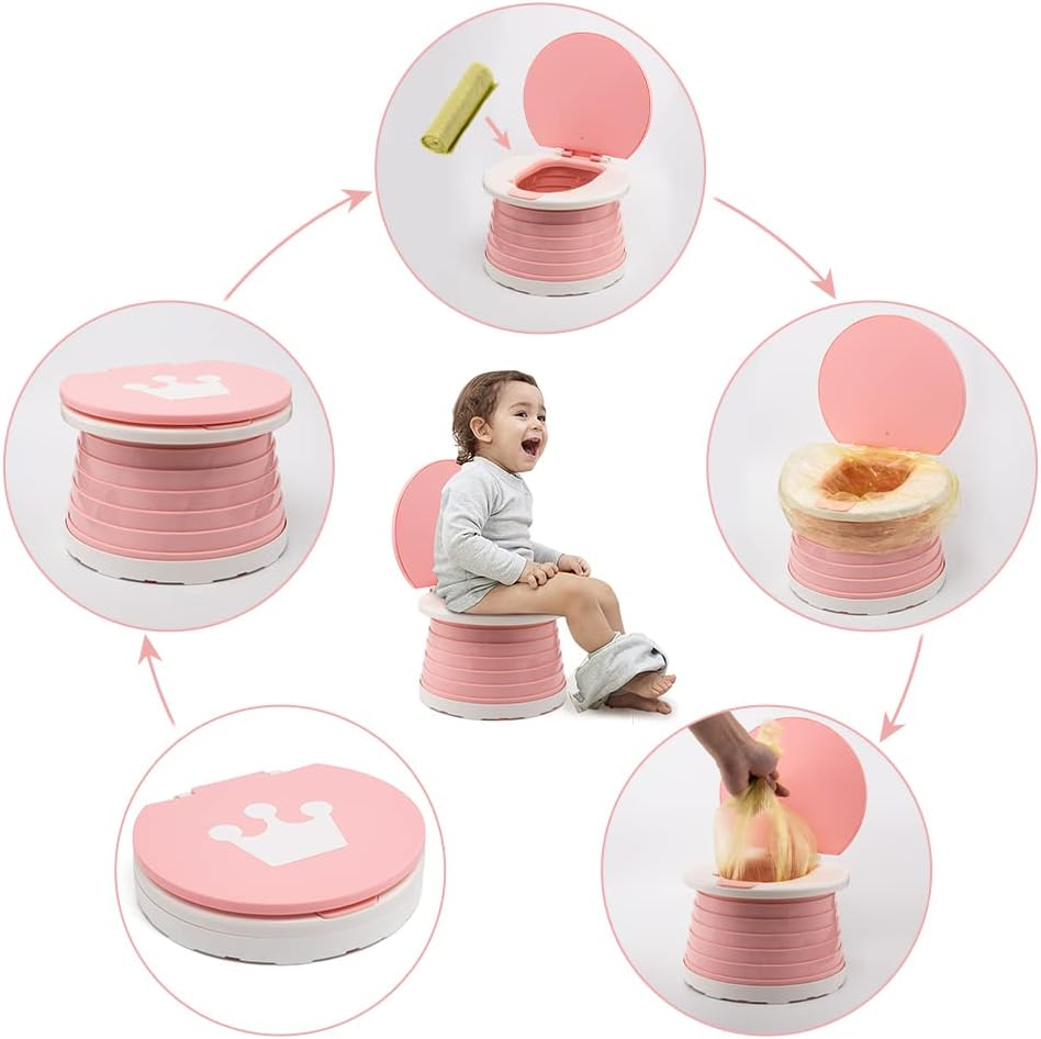 Portable Potty Seat for Kids Toddler,Foldable Travel Potty Training Seat with 2 Rolls Cleaning Bags, Travel Toilet Seat for Car, Camping, Outdoor, Indoor (Pink) - Pink image number 4
