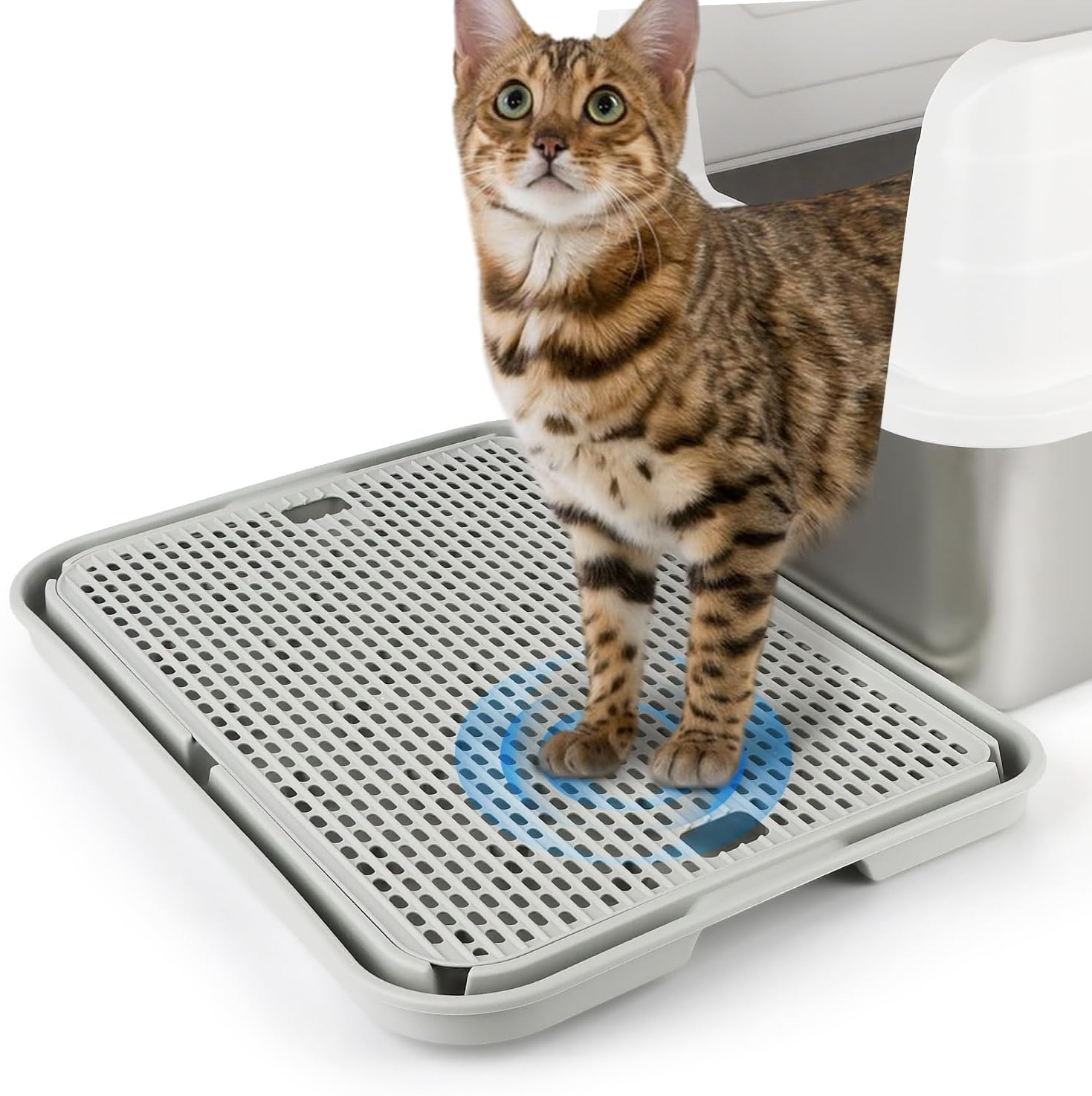 Bartuke Litter Box Step, Cat Step/Ramp/Catcher with Wooden Base, Filter Function, Easy to Clean, Ideal for Kitten & Elderly Cats (Light Grey)