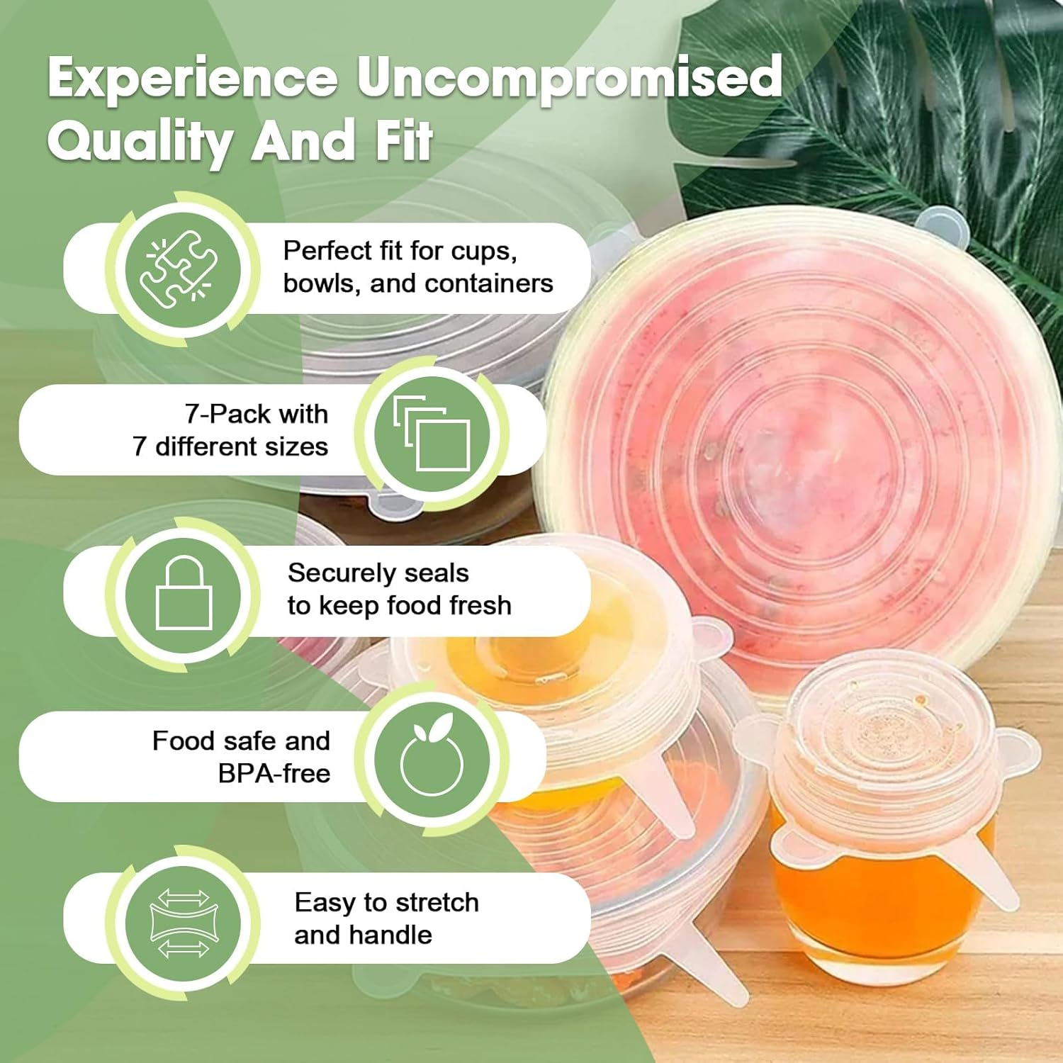 Reusable Silicone Stretch Lids for Food Storage &ndash; Elastic Bowl Covers Fit round & Rectangle Containers, Jars, Cups &ndash; Heat-Resistant, Dishwasher Safe, Premium Kitchen Gadgets (7-Piece Set) image number 1