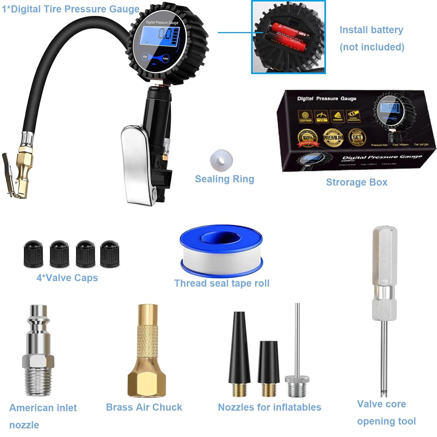 KOZTOL Digital Tire Pressure Gauge with Pressure Gauge, 200 PSI Heavy Duty Air Chuck and Compressor Accessories with Rubber Hose and Quick Connect Coupler, Portable Air Compressor image number 3