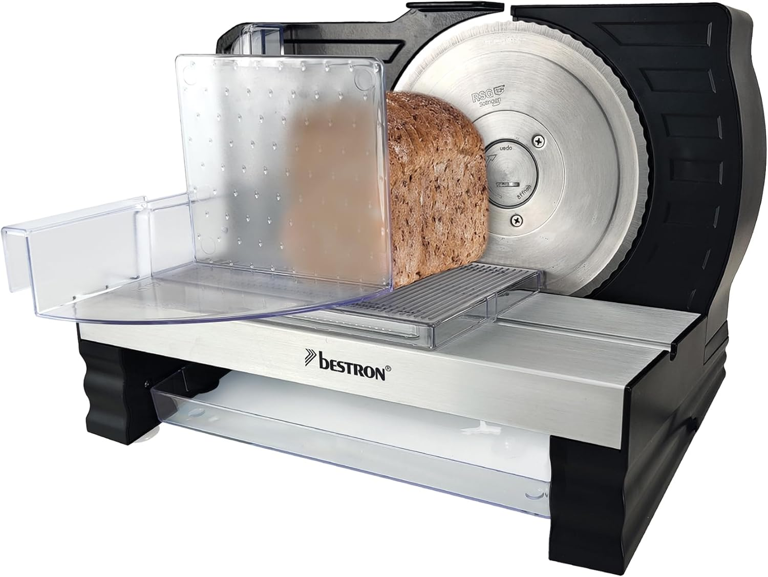 Bestron Bread Slicer with Stainless Steel RSG Blade, Made in Germany, Continuous Cutting Thickness Adjustment from 0 to 20 Mm, Cutter with Shift Button for Automatic and Manual Operation,