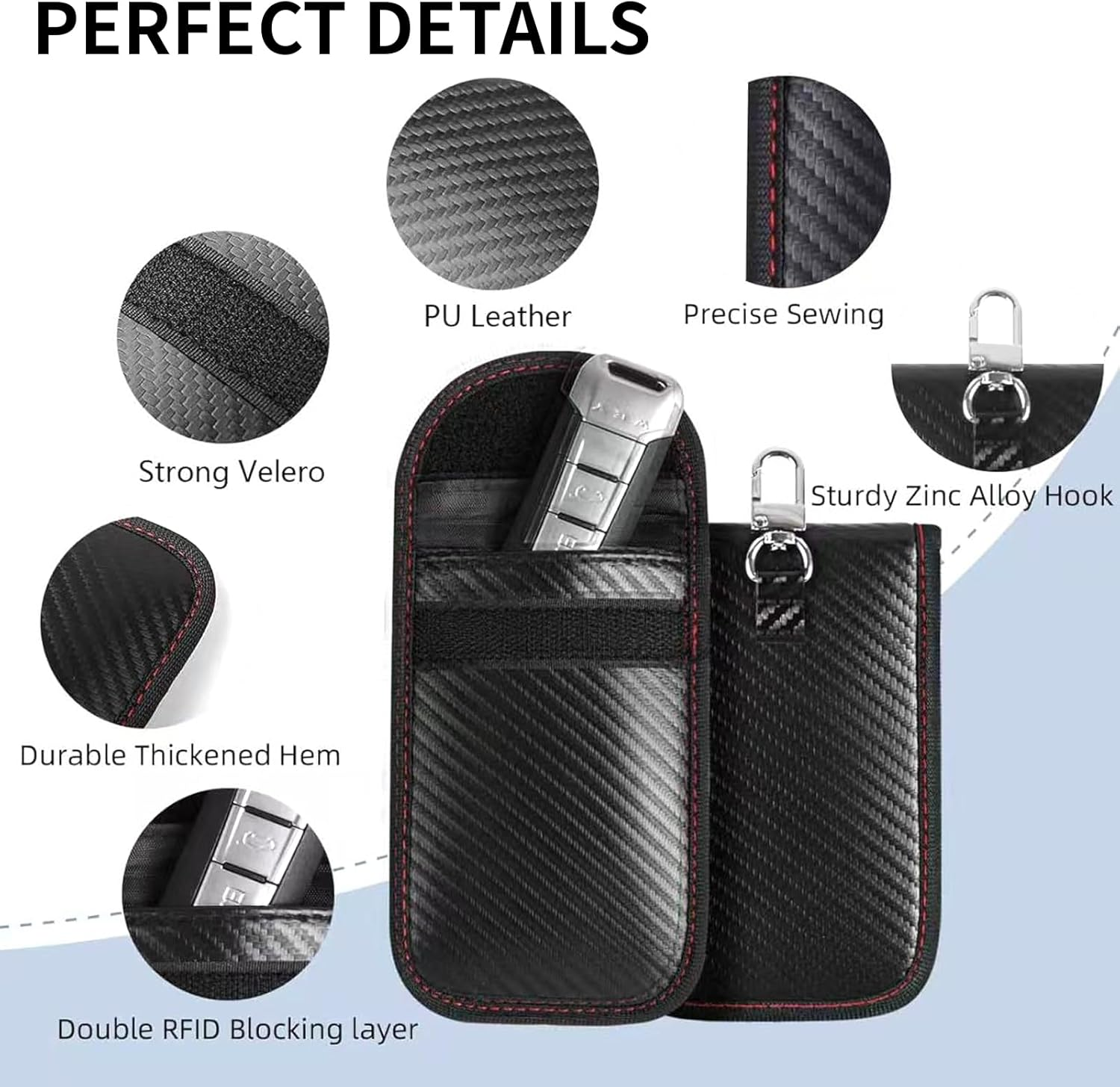 RFID Signal Blocking Faraday Pouch for Car Keys, 2 Pack with Hook Keyring, Waterproof Key Fob Protector, Anti-Theft Signal Blocker, Portable, Signal Blocking
