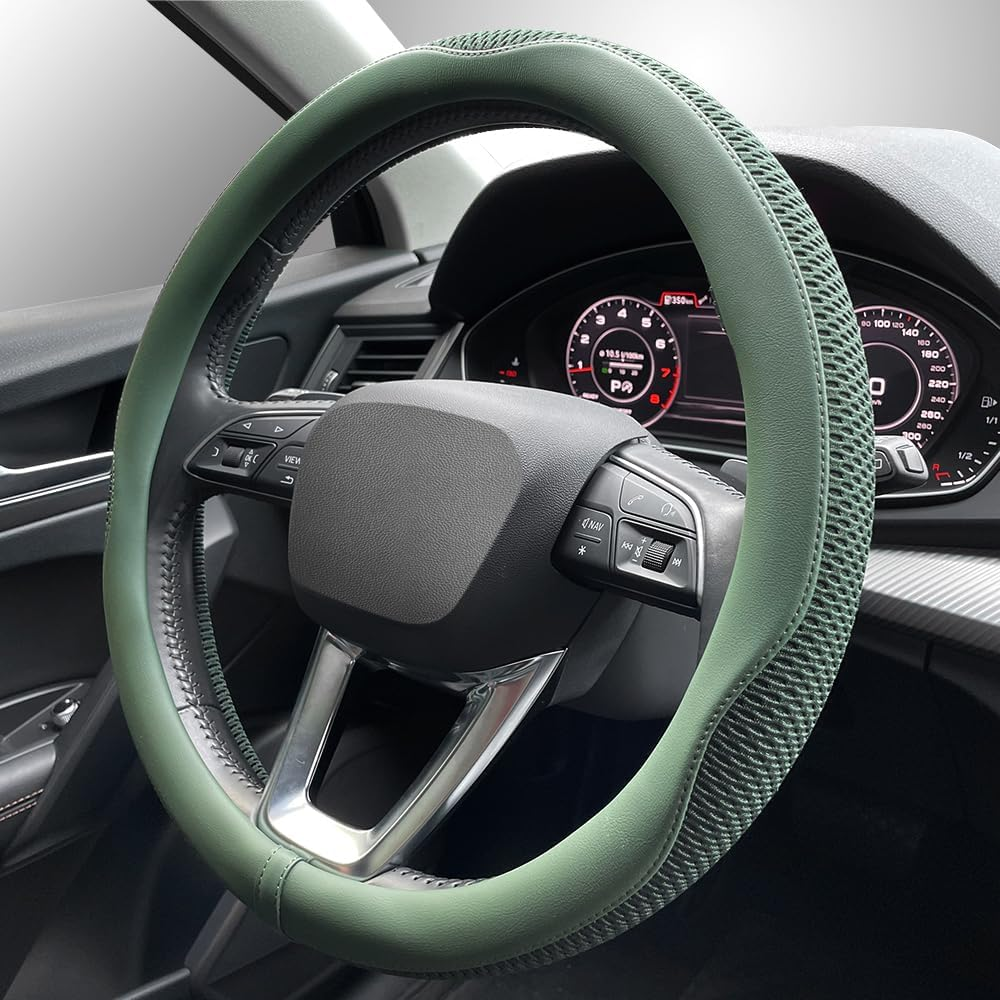 Steering Wheel Cover, Universal 15 Inch, the Latest Microfiber Leather Breathable Technology Fabric, Non-Slip, Comfortable, Warm in Winter and Cool in Summer, Green image number 1