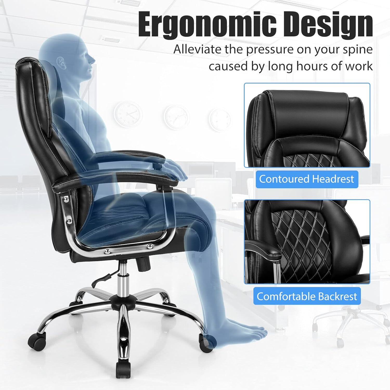 Giantex Big & Tall Office Chair 230KG, Height Adjustable Executive Chair, Swivel Task Chair with Upgraded Padded Armrest, Computer Desk Chair with Metal Base, Rocking Backrest, Extra Wide Seat, Black - Black image number 3