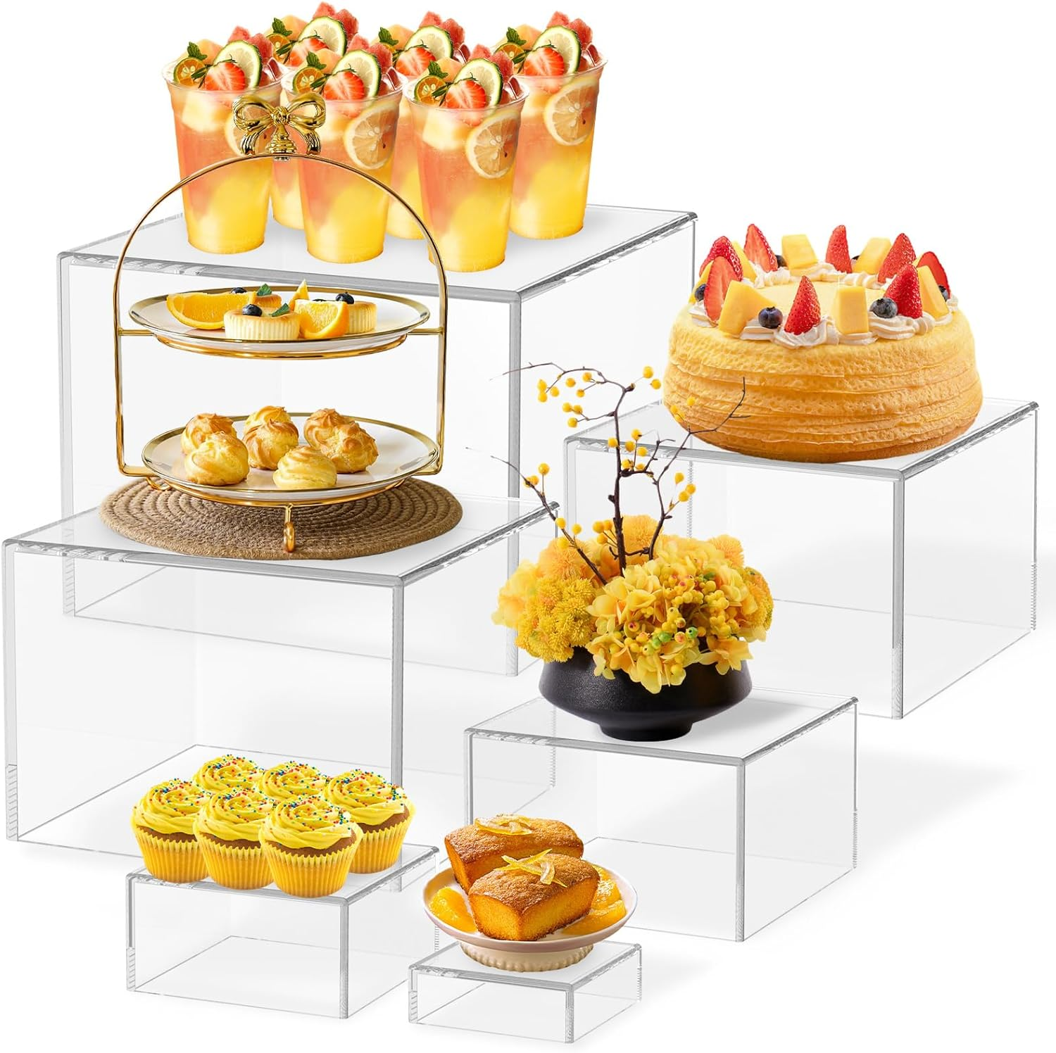 6 Pcs Acrylic Display Riser with Hollow Bottom 6 Different Sizes Box Buffet Risers Stackable Buffet Stands Reusable Food Stands Multifunctional Food Display Risers for Party Buffets Table(White)
