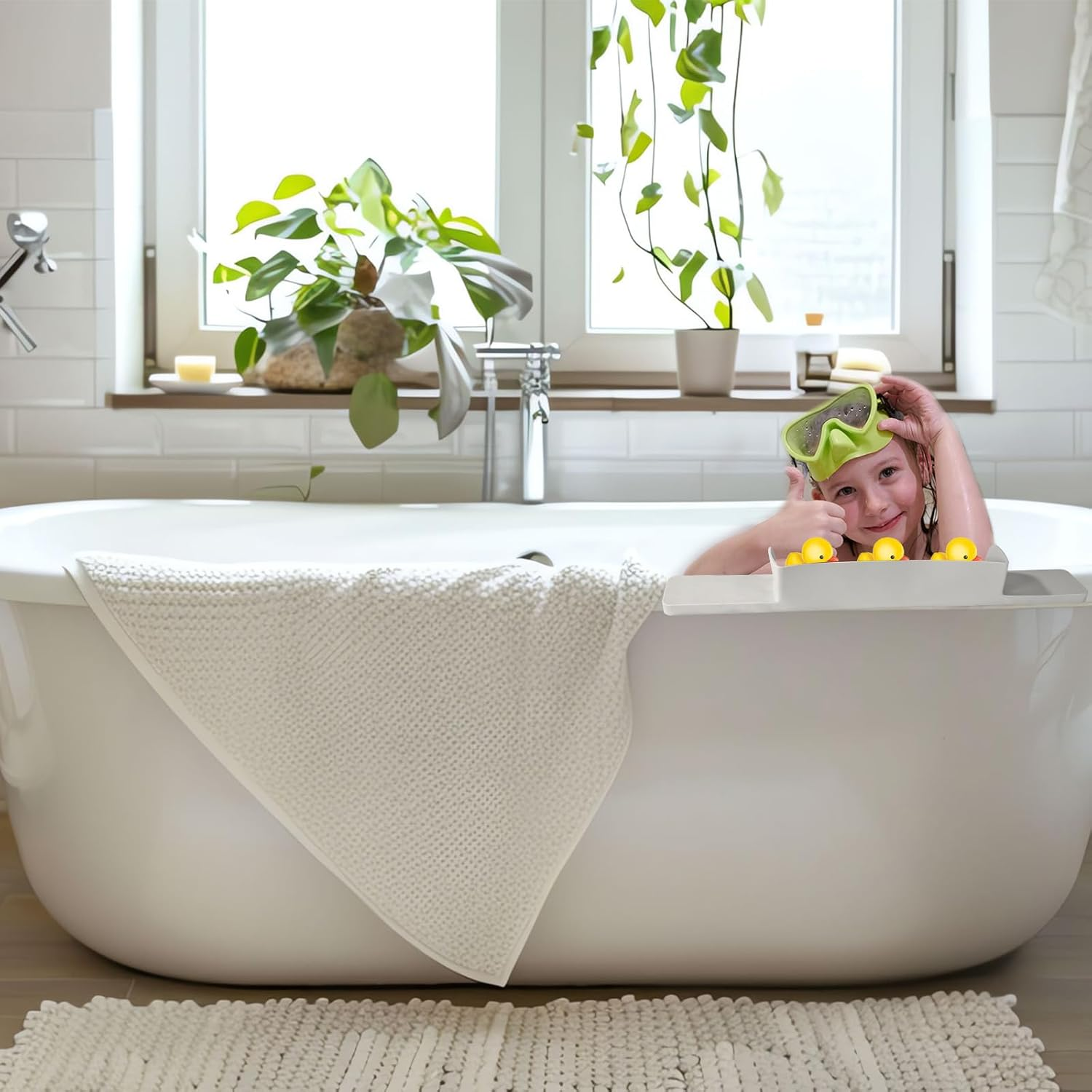 BOXOB Splash Protection Guard for Bathtub, 29.92X3.54X3.35In Silicone Bath Splash Protection Guard with Strong Suction Cup No-Leak Toy Tray Caddy Holder Storage Bathtub Tray(Light Gray) image number 2