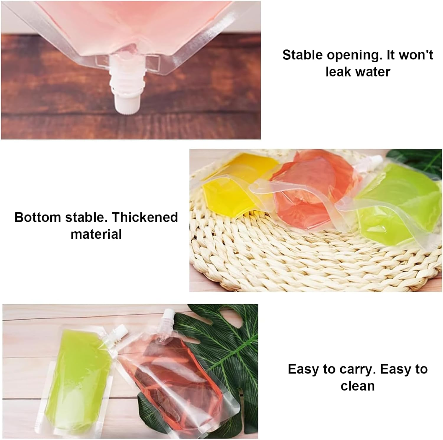 Rhoyee 10PCS 250Ml Reusable Drink Pouches with Screw Caps &ndash; Leakproof Plastic Hip Flasks for Alcohol, Juice & Water &ndash; Foldable Travel Pouch Bags for Festivals, Camping & Hiking