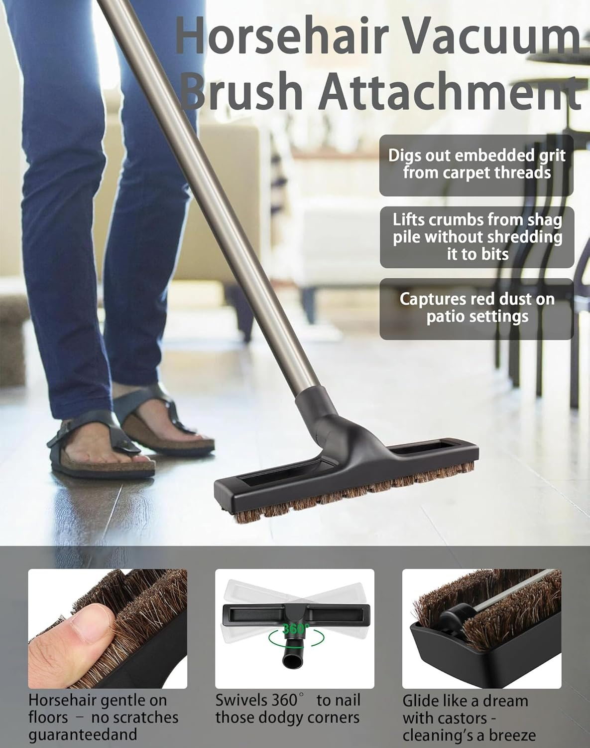 Horsehair Vacuum Brush Attachment 3 Pack | 30Mm Vacuum Cleaning Brush/Floor Brush Tool | 25Mm round Dust Brush with 32 to 35Mm Hose Adapter Fits Shark, Hoover, Shop-Vac and Most Vacuums image number 3