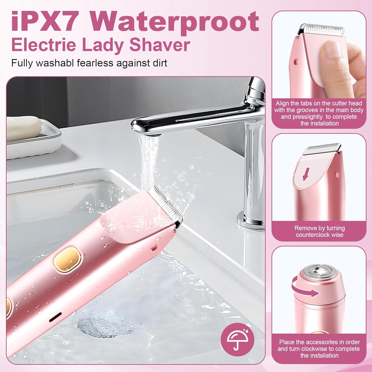 Quokkachic Bikini Shaver, Electric Womens Shaver, 2-In-1 Double Head, IPX7 Waterproof, Wet/Dry Razor for Bikini Underarms Legs Arms Body Face (Rose Gold) image number 5