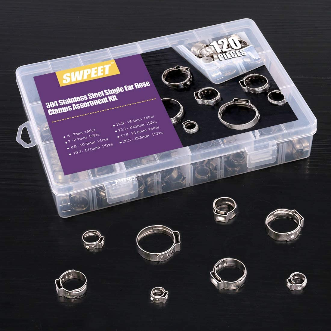 Swpeet 120Pcs 8 Sizes 304 Stainless Steel Single Ear Hose Clamps, Crimp Hose Clamp Assortment Kit Ear Cinch Rings Crimp Pinch Fitting Tools Perfect for Automotive, Home Appliance Line image number 6