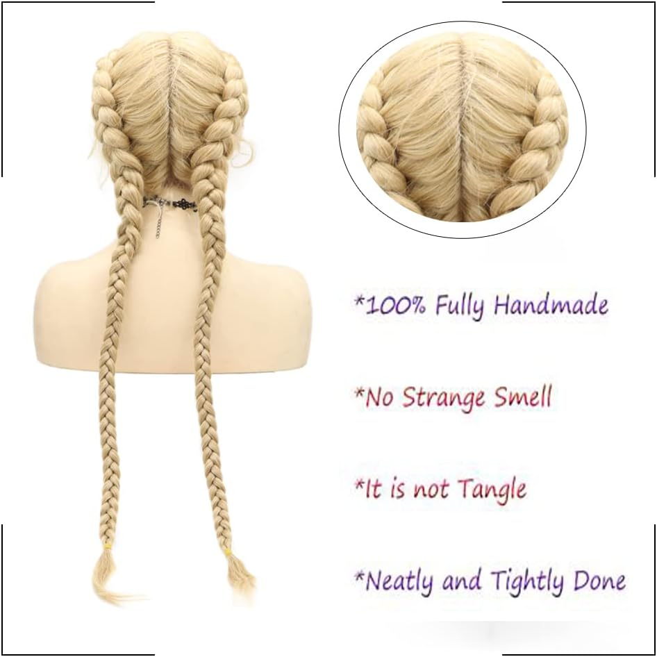 Afbeauty Extra Long Mixed Blonde Dutch Twins Braided Wig for Women Handmade Blonde 613 Lightweight Swiss Lace Front Wig with Baby Hair Heat Resistant Synthetic Double Braids Wig - Auburn Brown image number 3