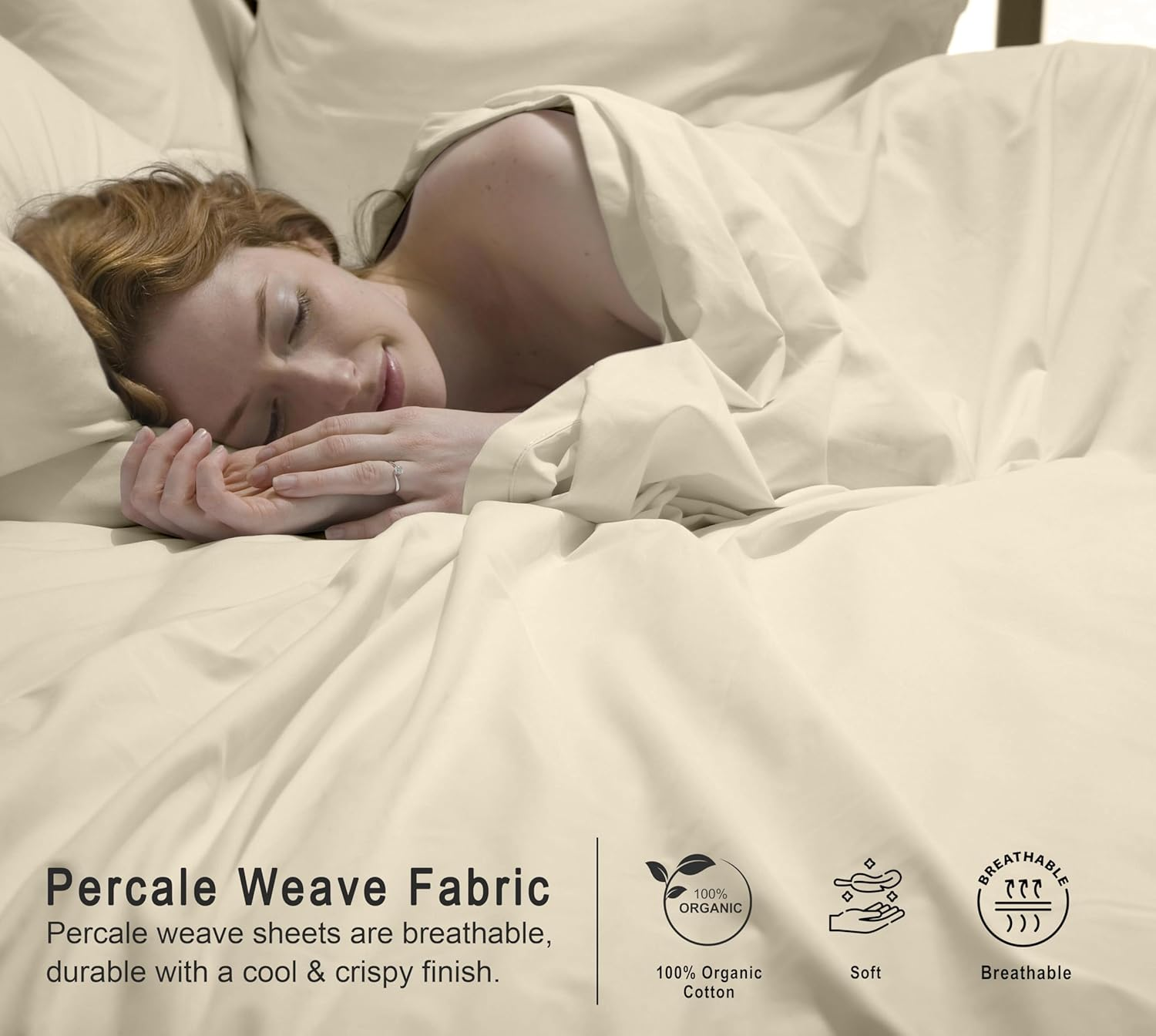 RUVANTI 100% Organic Cotton Sheets Queen Size, Percale Weave, GOTS Certified, 4-Piece Set, Deep Pocket 15", Crisp & Breathable, Soft Durable Bedding, S&aacute;banas Algod&oacute;n Org&aacute;nico &ndash; Cloud Cream image number 3