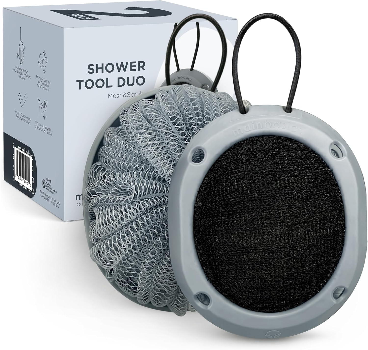 Mainbasics Shower Tool Duo 2-1 Shower Loofah Sponge and Exfoliating Body Scrubber (2 Pack, Black)