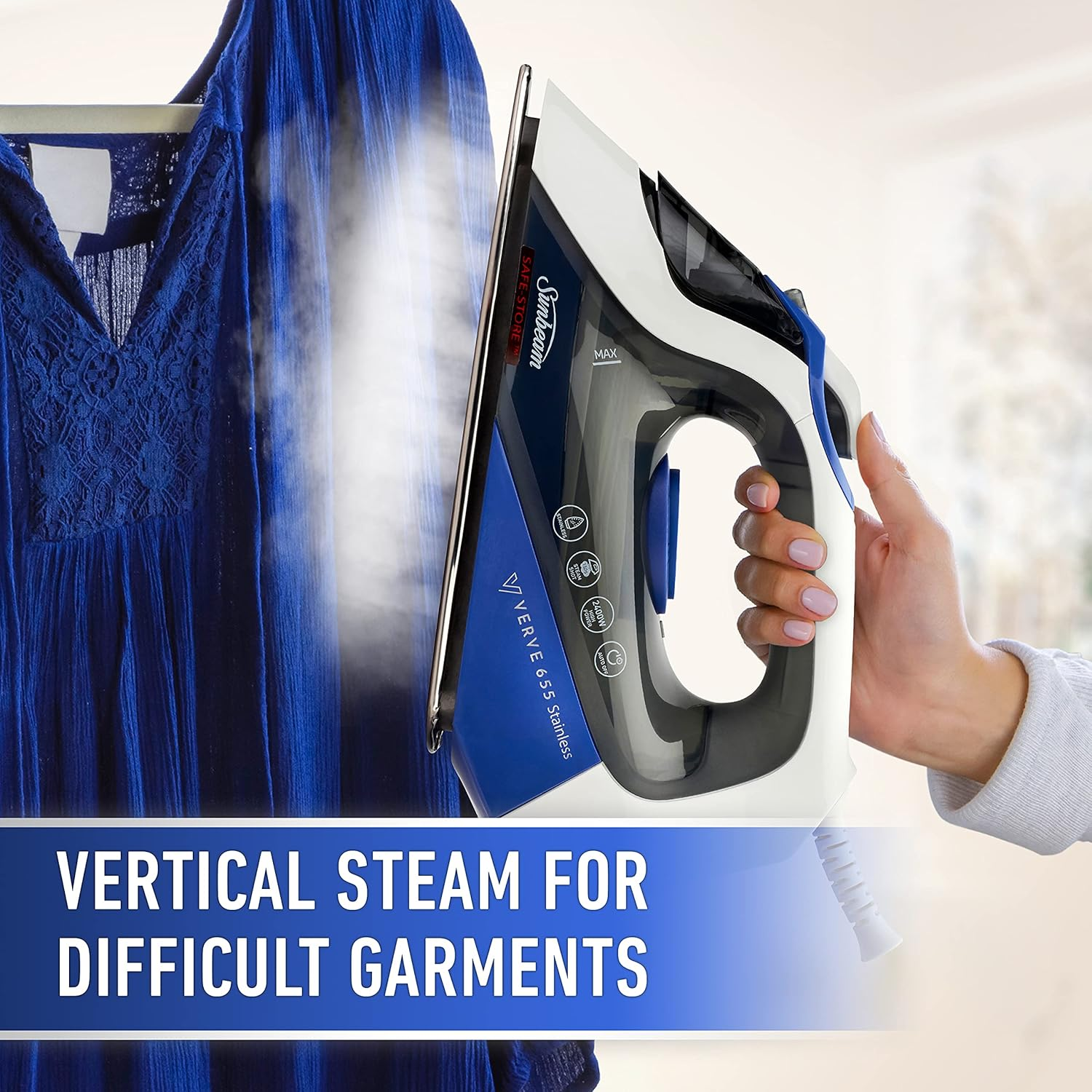 Sunbeam Verve Stainless Steam Iron | Durable Stainless Steel Soleplate, 150G/Min Steam Shot, 300Ml Tank, 2400W Fast Heat-Up, Safe Store Indicator, Auto-Off, Blue SRS6550 image number 1